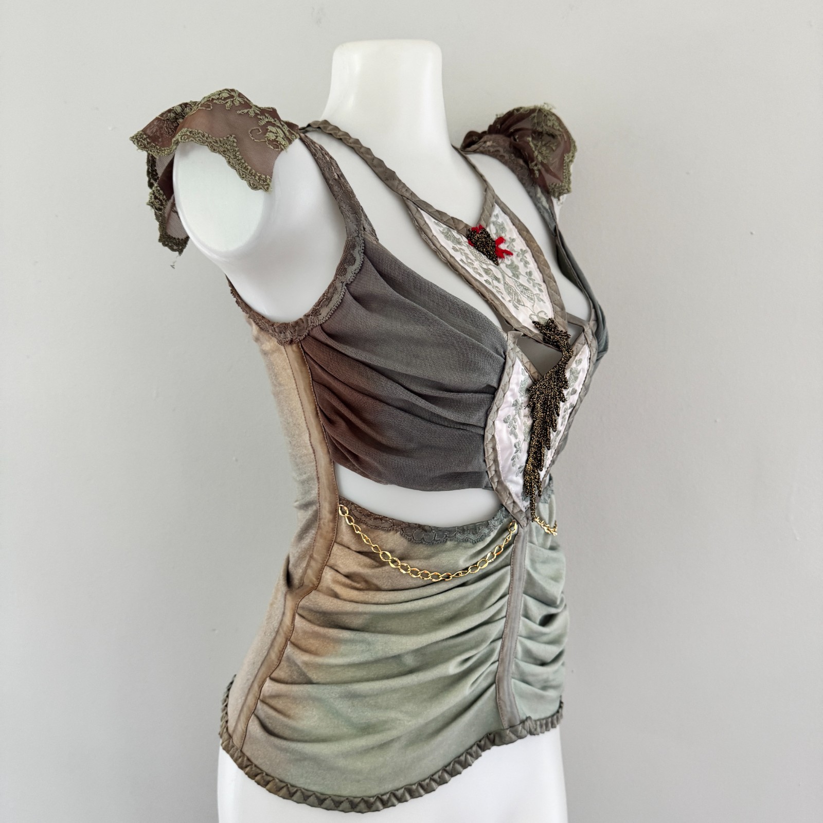 Y2K vtg CIGANA Lace Chain HANDMADE Corset Slip CUT-OUT Upcycled Tank Top Gypsy M