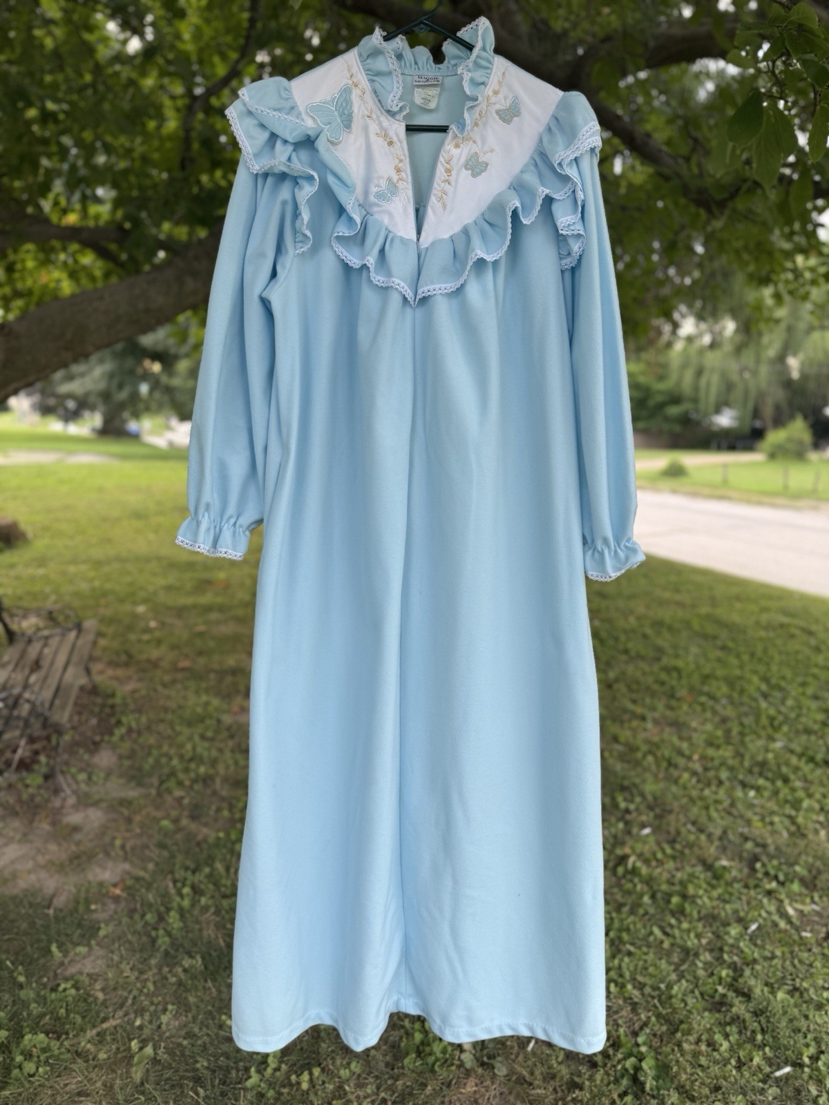 Maggie And McQuade Vintage Baby Blue Long Nightgown With Butterflies Embroidered