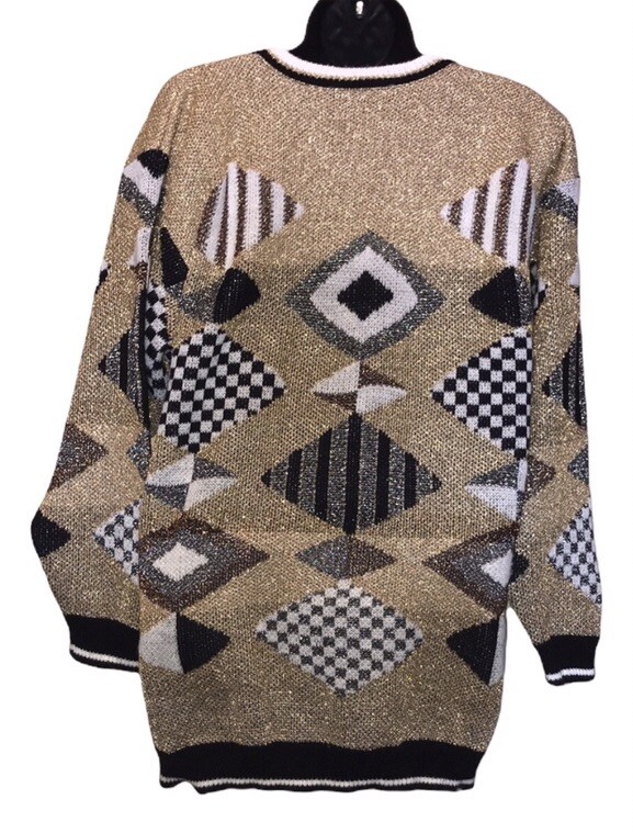 Vtg 80s/90s Beldoch Popper Metallic Geometric Gold/Black Grandma Sweater~Sz L