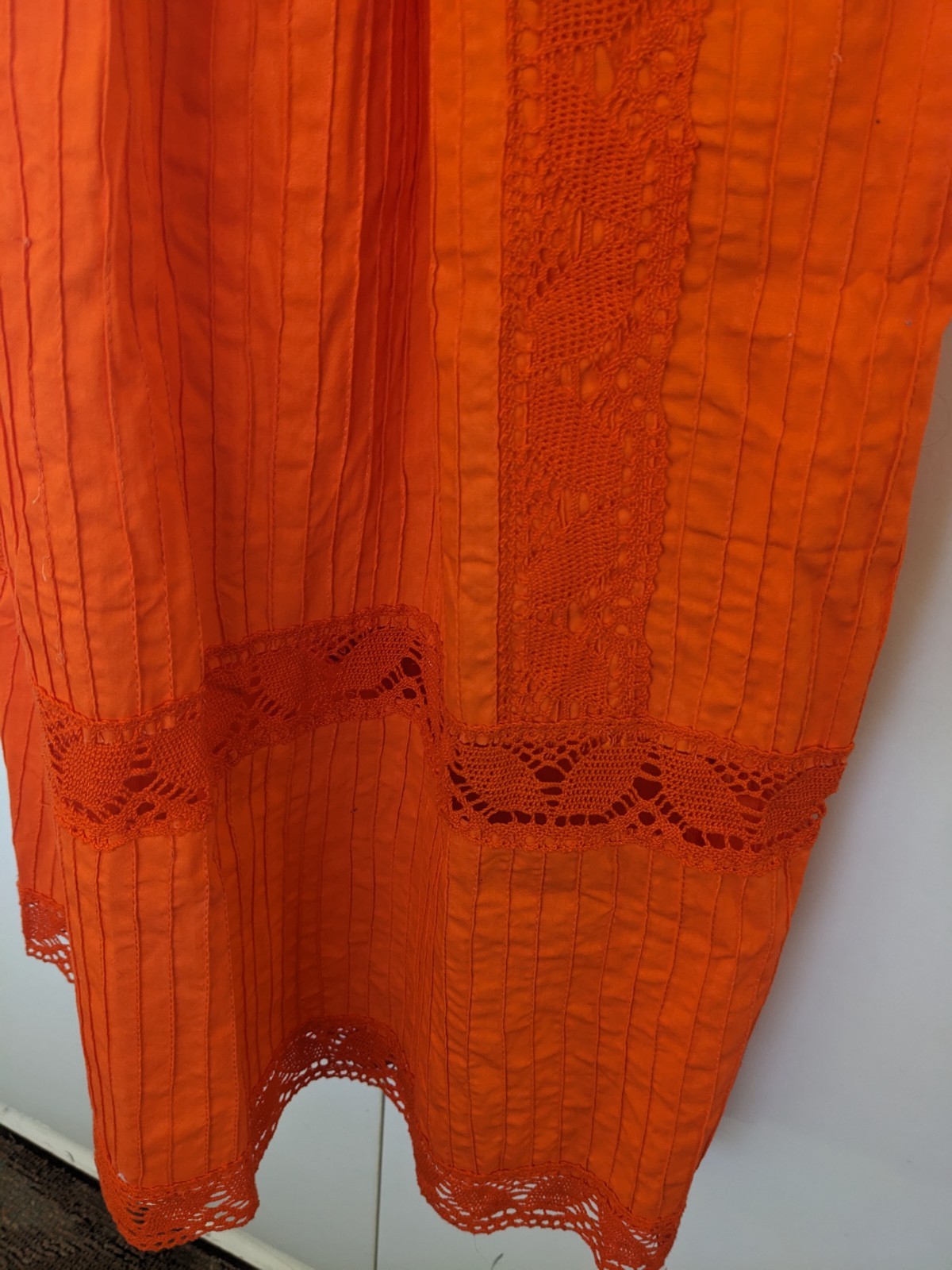 Vintage Orange Cotton Pintuck Crochet Lace Mexican Boho Peasant Dress Maxi 70s