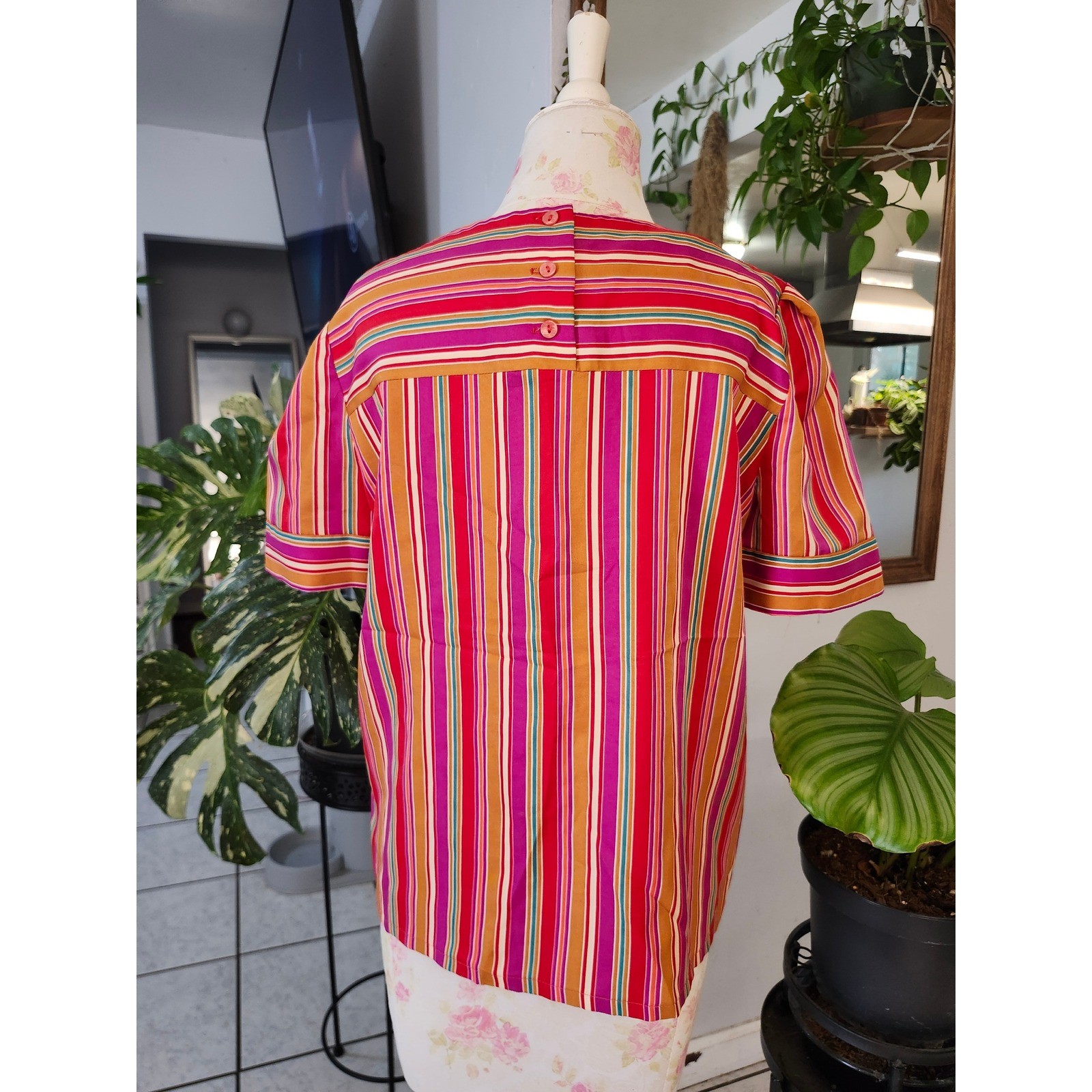 Vintage Yves Jennet Multicolor Stripe Blouse S/M Retro Colorful Statement Top