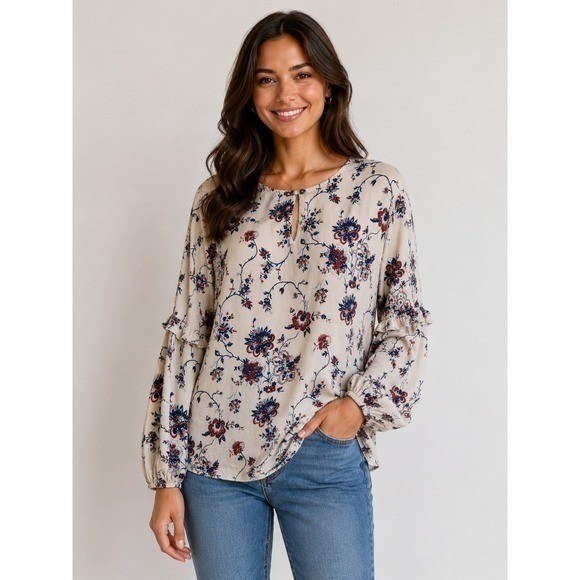 4our Dreamers Cream Floral Boho Peasant Top Romantic Prairie Cottagecore Small
