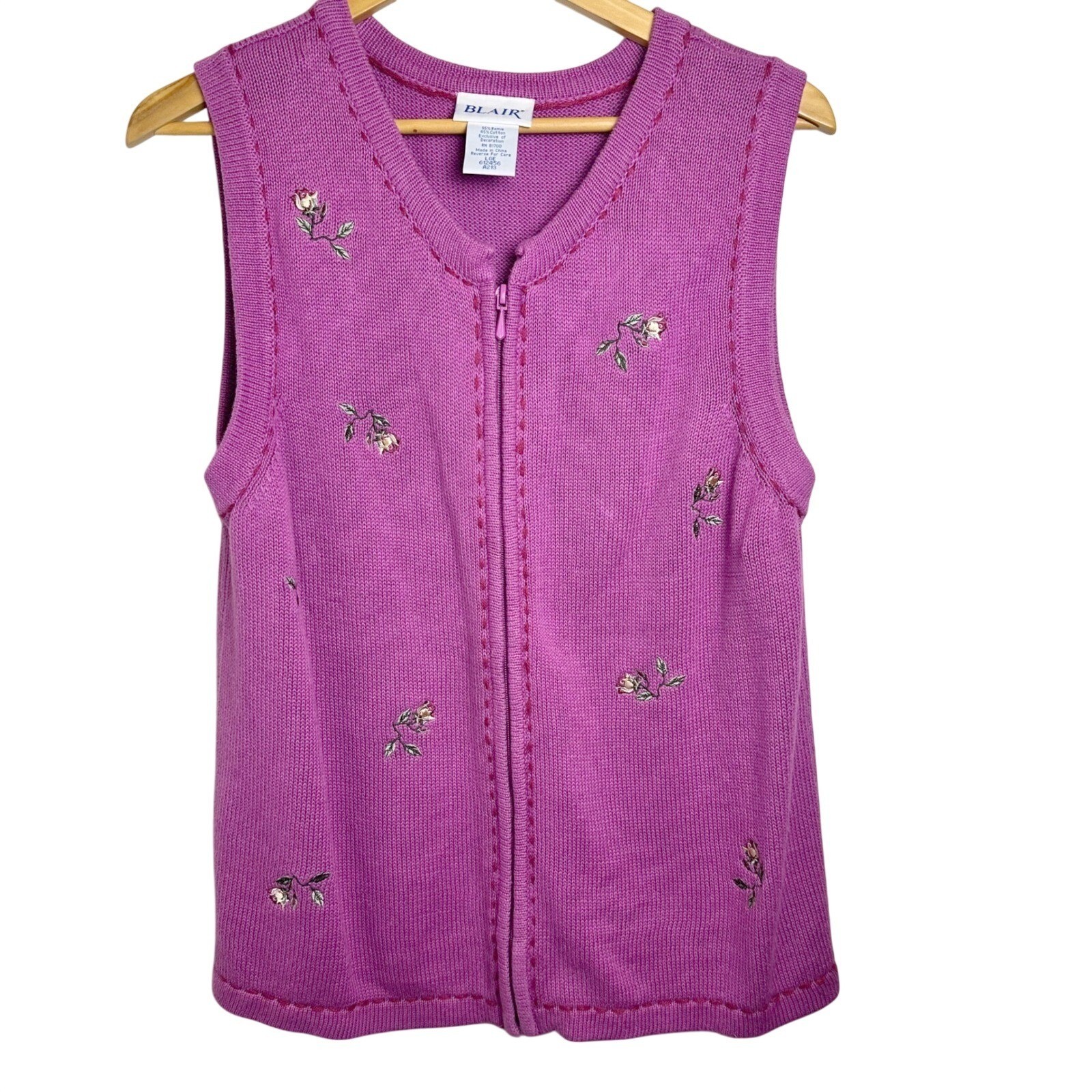 VTG Large Magenta Purple Floral Embroidered Zip Up Sweater Vest Cottagecore Twee