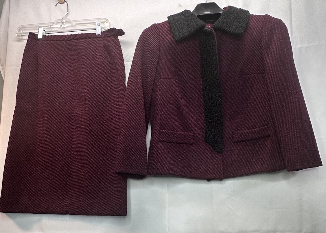 Vtg 1950s Barclay Furs Red Wool Persian Lamb Short Jacket and Pencil Skirt Suit