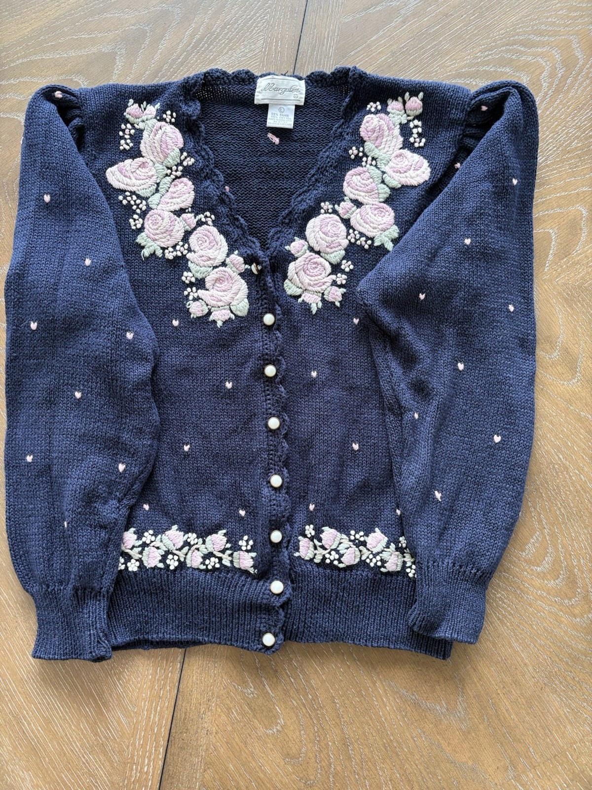 Margules Vintage Navy Blue Floral Embroidered Cardigan Sweater Cotton Ramie L