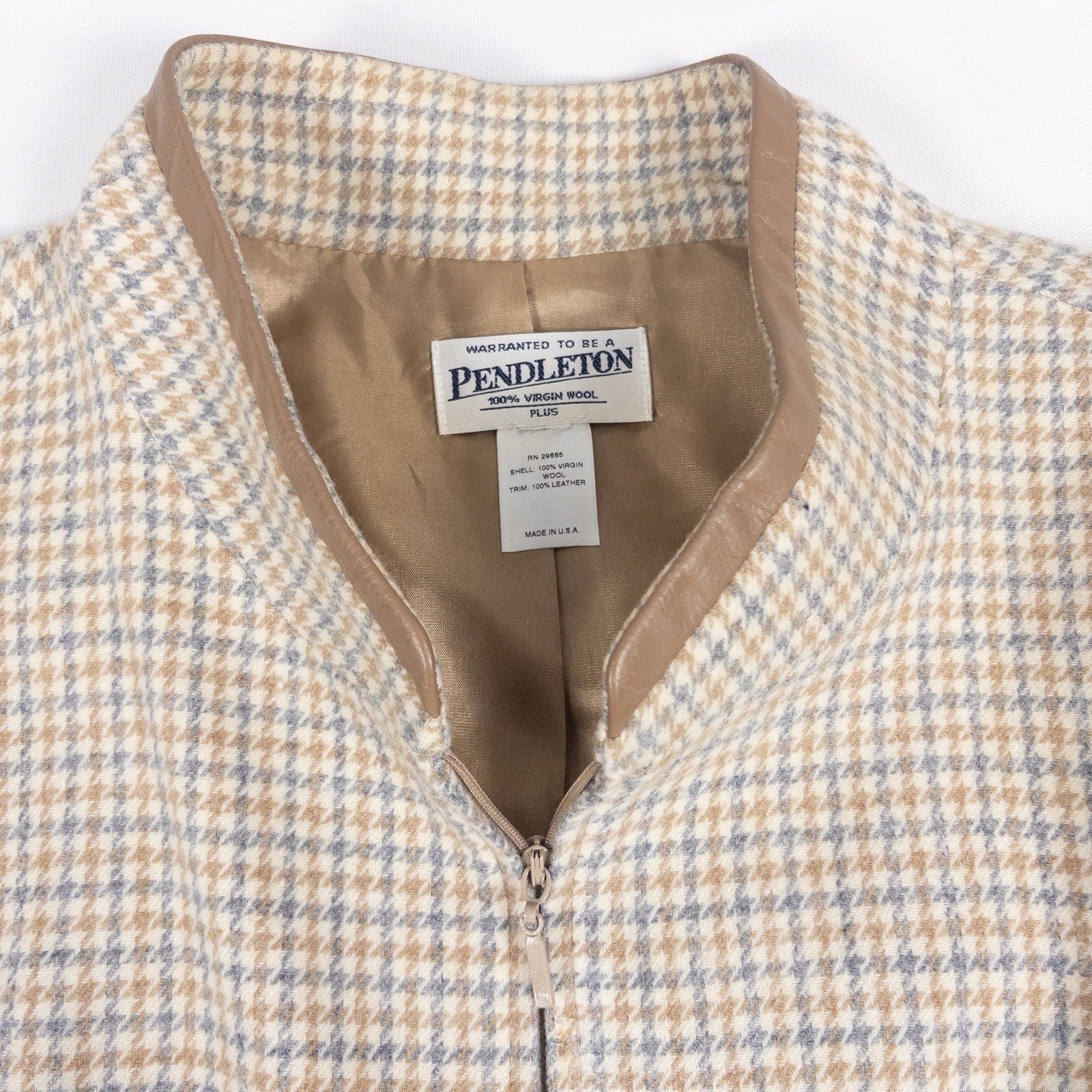 Pendleton Wool Jacket Womens Plus Tan Blue Houndstooth Leather Trim Vintage 80s