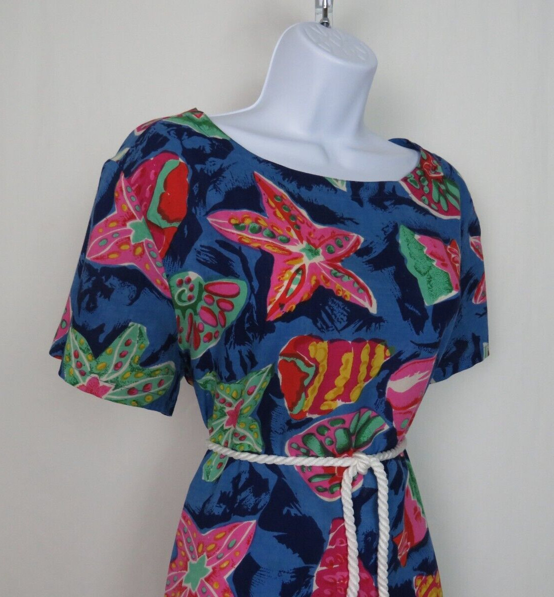 VTG 1990s PEPPERMINT BAY TROPICAL OCEAN DRESS STARFISH SEA SHELLS ROPE BELT