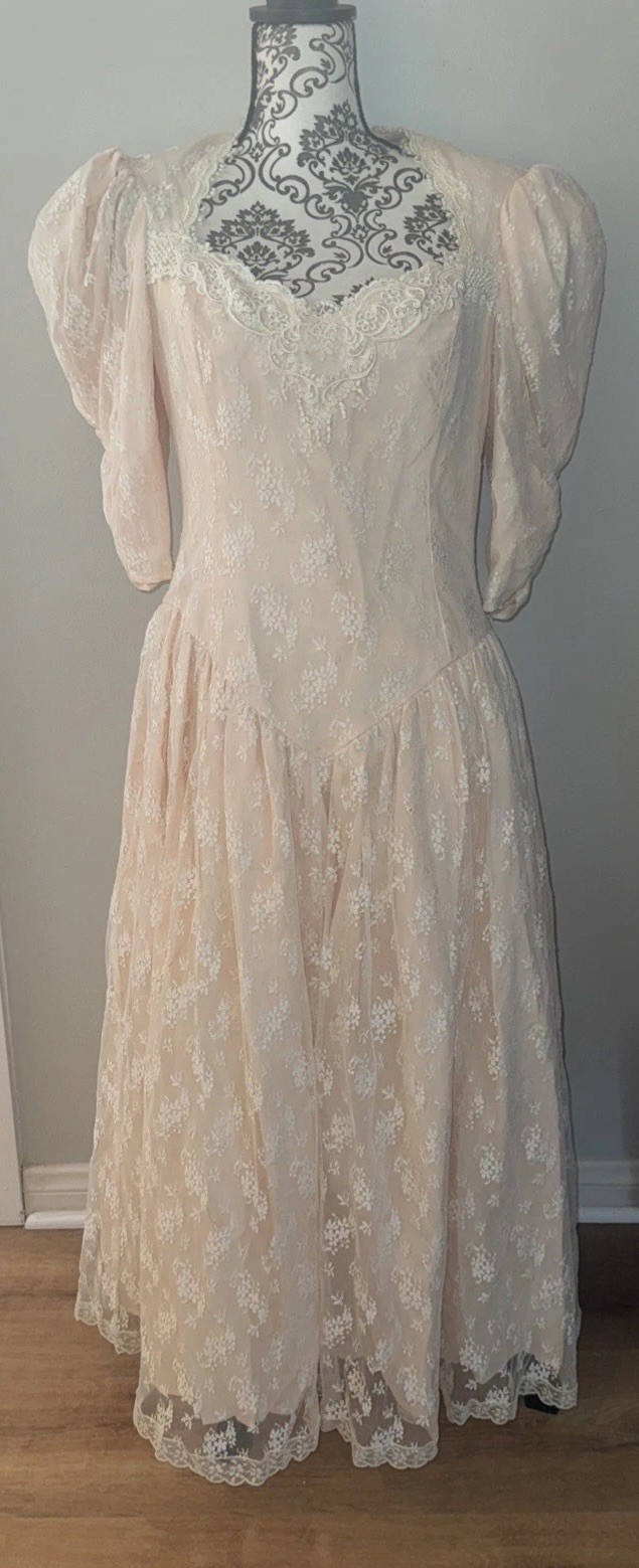 Vintage McCLINTOCK Peach Tea Dress Lace Floral Size 14 Cap Sleeve Open Back