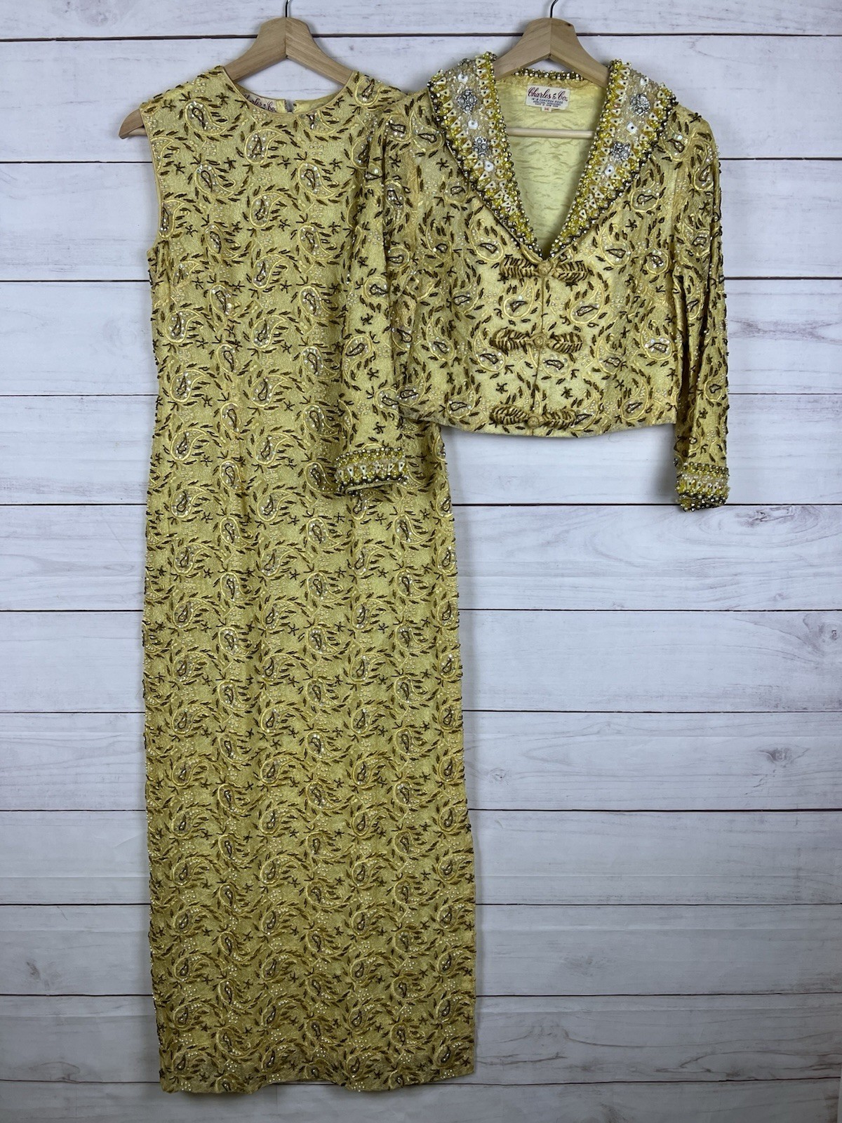 Vintage 50s 60s Charles & Co. Gold Beaded Dress and Jacket Both Size 36