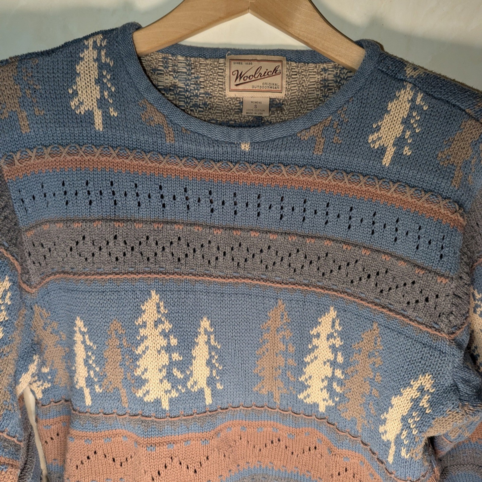 Vtg 1990s Woolrich Sweater Woman’s small 100% Cotton Tree Fair Isle Knit USA