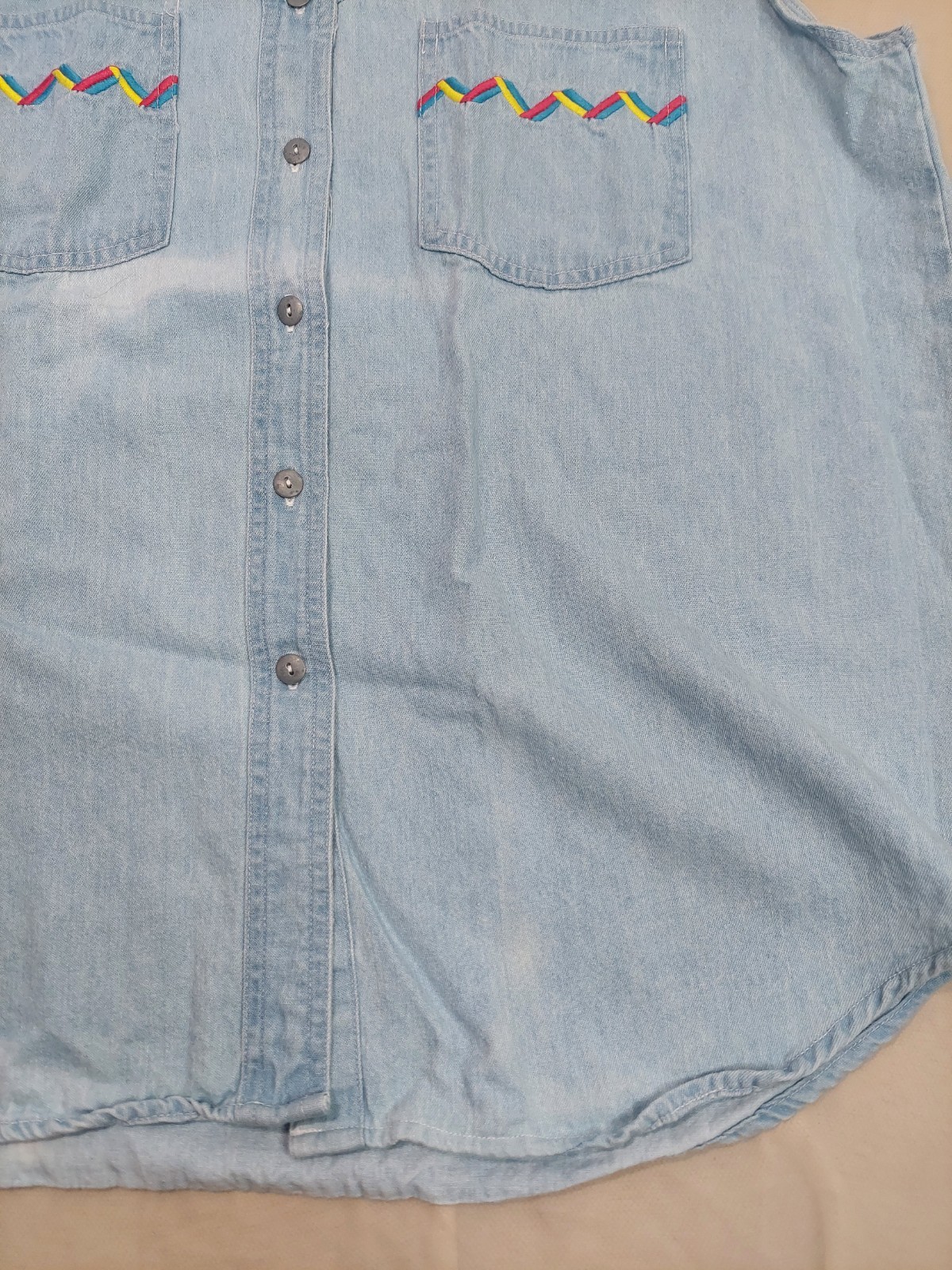 Vintage Denim Shirt L Sleeveless Western Zig Zag Boho Cowgirl 90s 100% Cotton