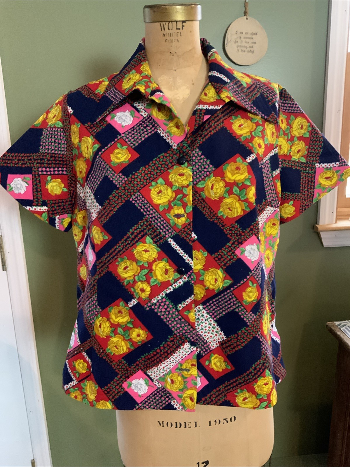 Vintage 50s Style Women’s Collar Button Up Shirt Homemade Black Floral Sz 14