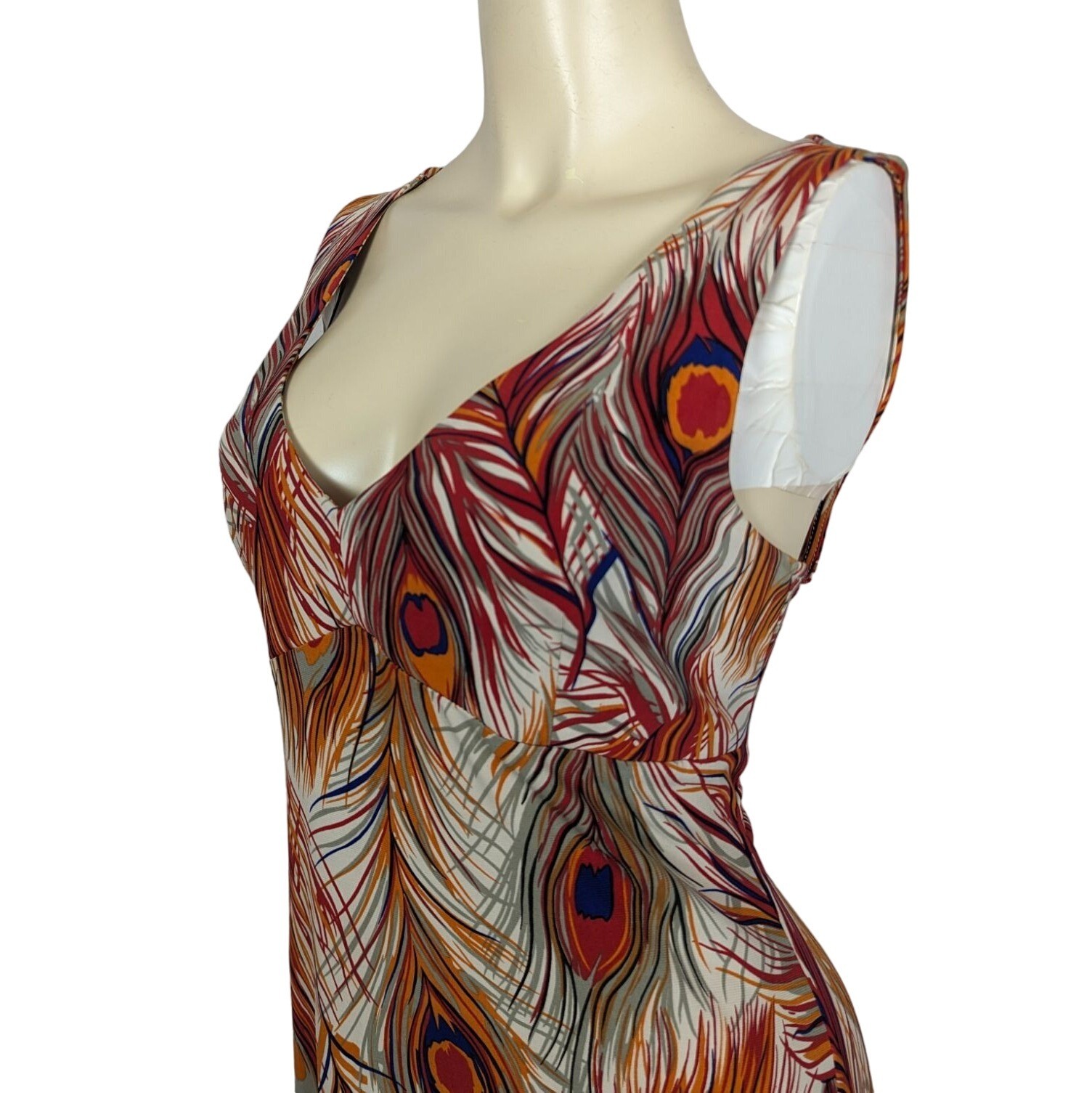 BCBG Dresses Large orange blue Peacock Feather print Vintage Empire Waist Y2K