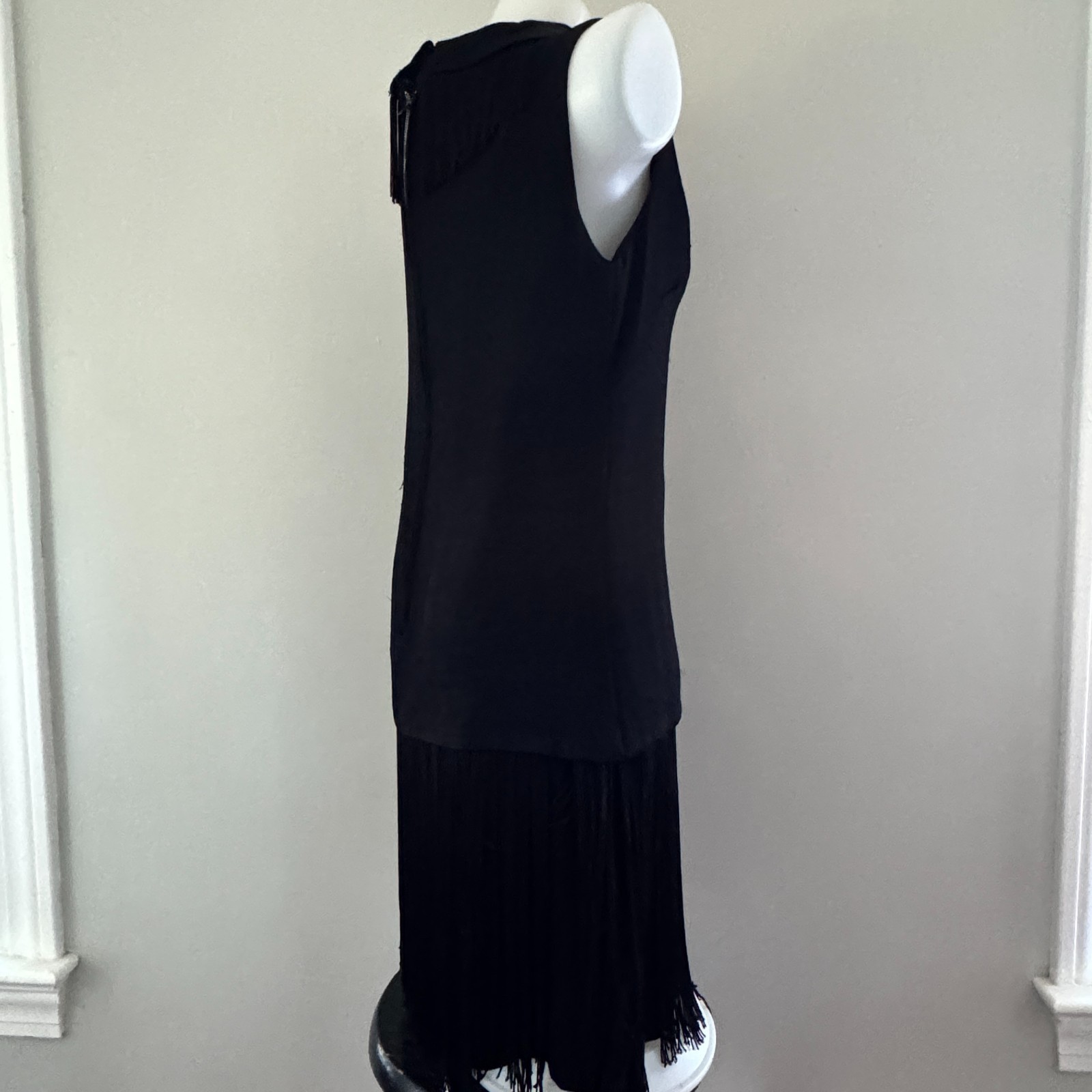vtg 60s MISS THEME NY Black Go-Go Dancer FRINGE Mini Shift Dress Costume Mod LBD
