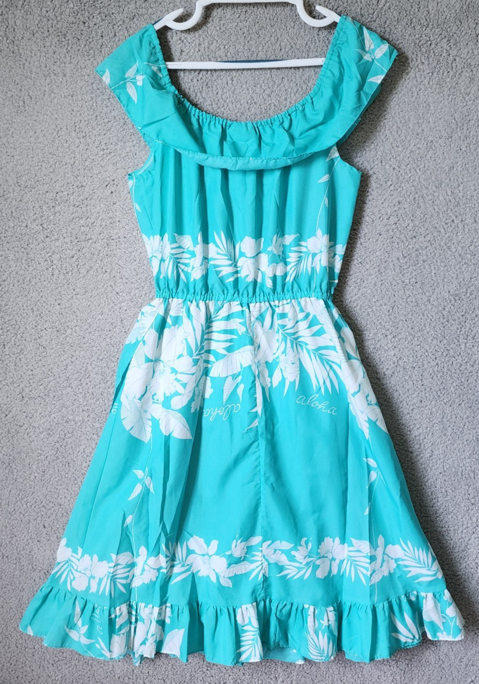 Vtg Royal Princess L Hawaii Dress Tropical Blue White Floral Off Shoulder Ruffle