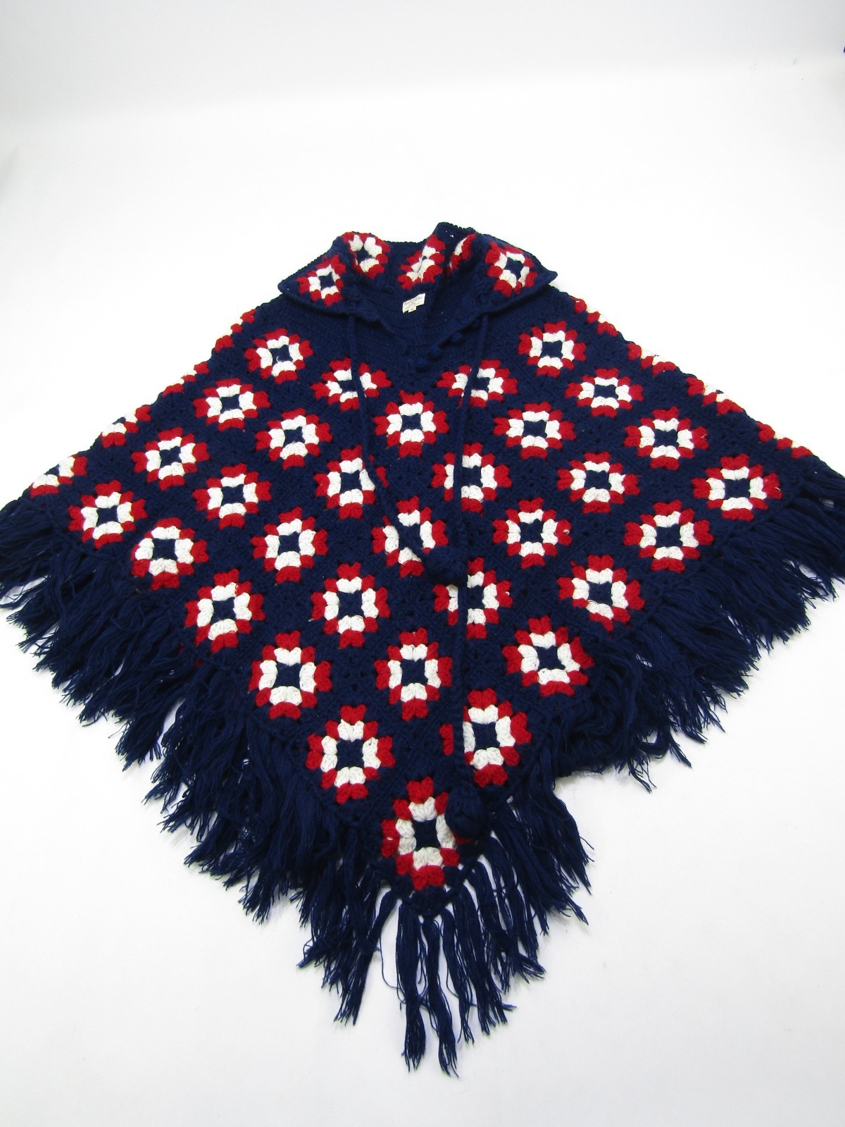 VTG Crochet Afghan Poncho Women Medium Blue Fringe Fashions South Korea Grandma