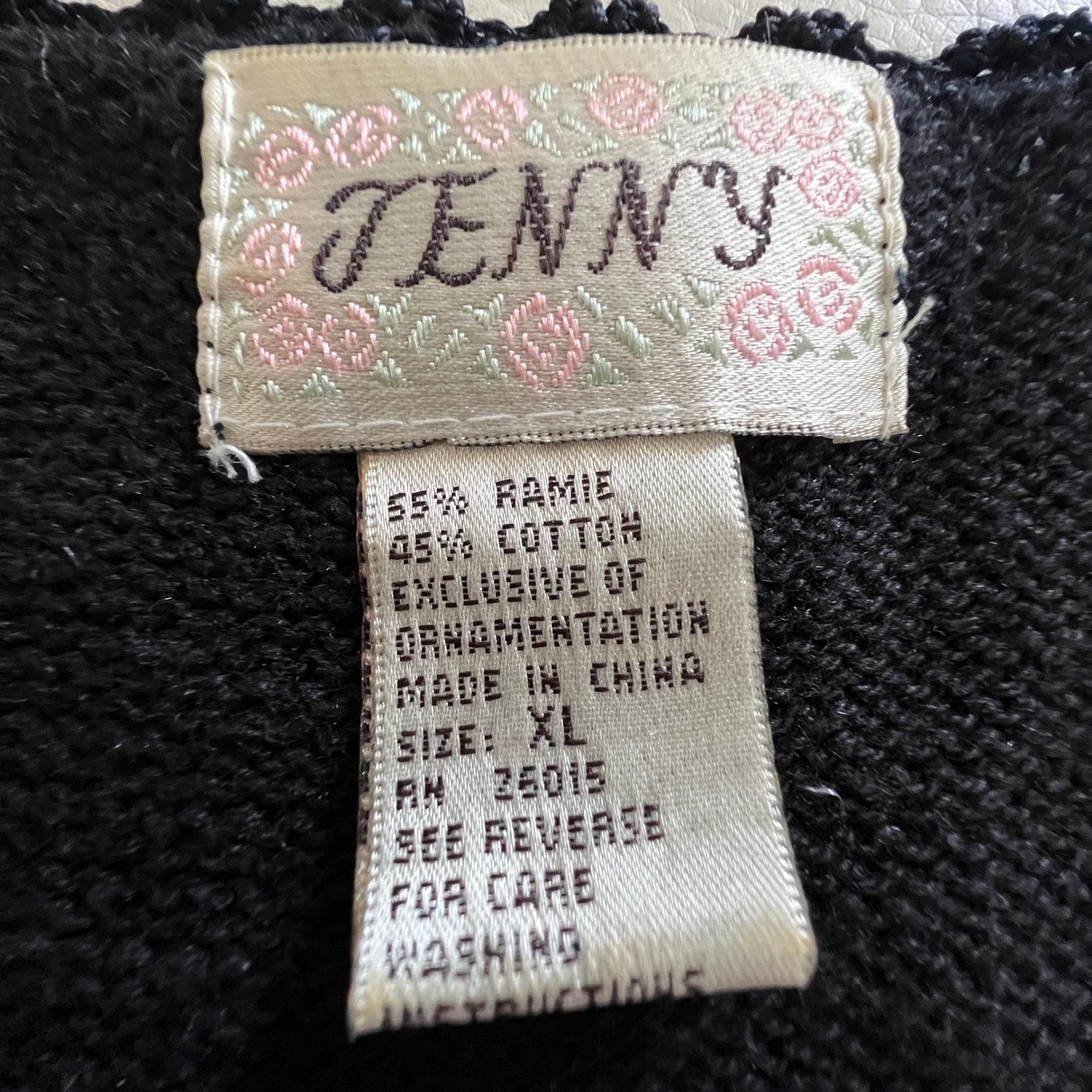 Jenny Flamingo Embroidered Sweater Women XL Black Tropical Crochet Sleeve Top