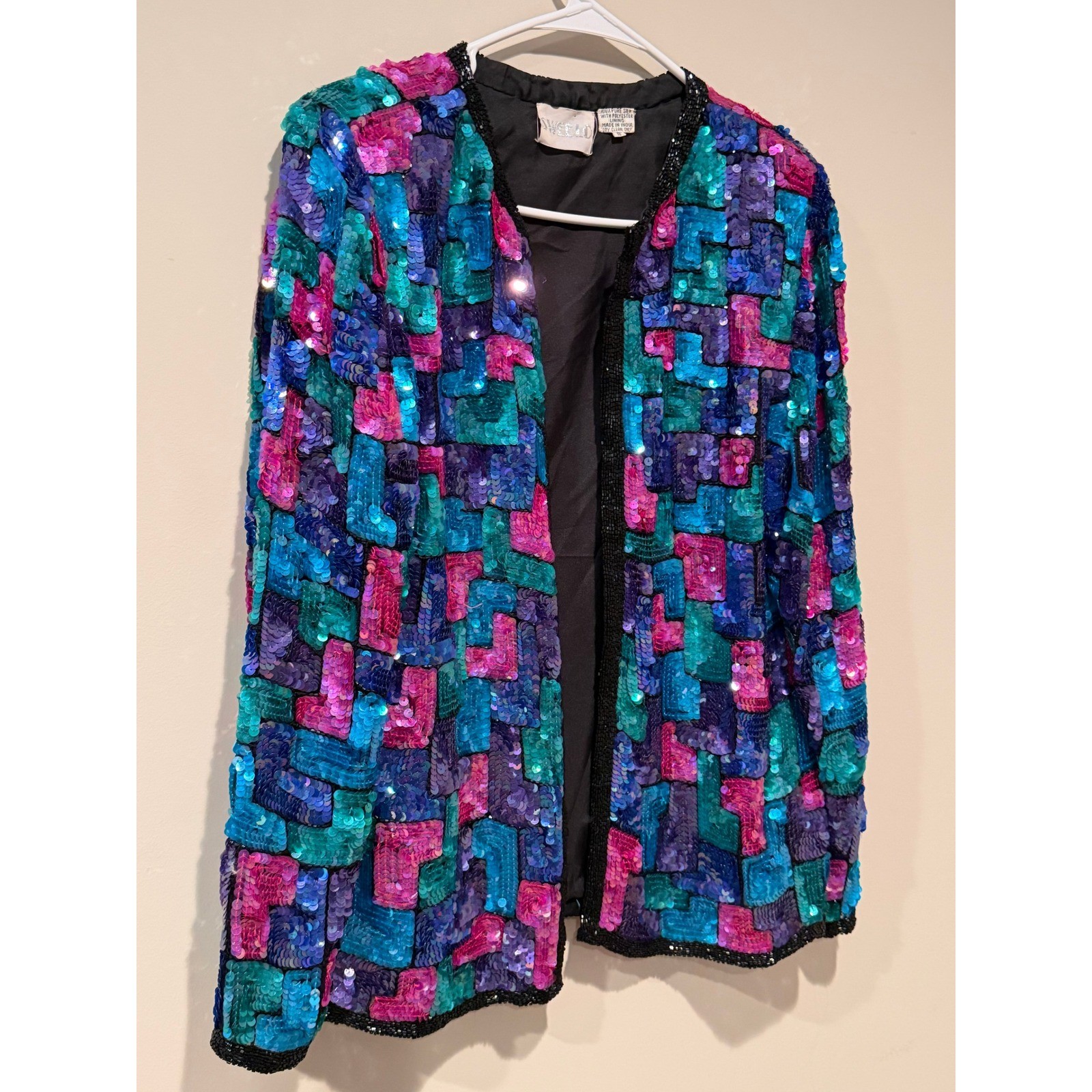 SWEELO Vintage 100% Silk Sequin Jacket Beaded Evening Party Cocktail Holiday
