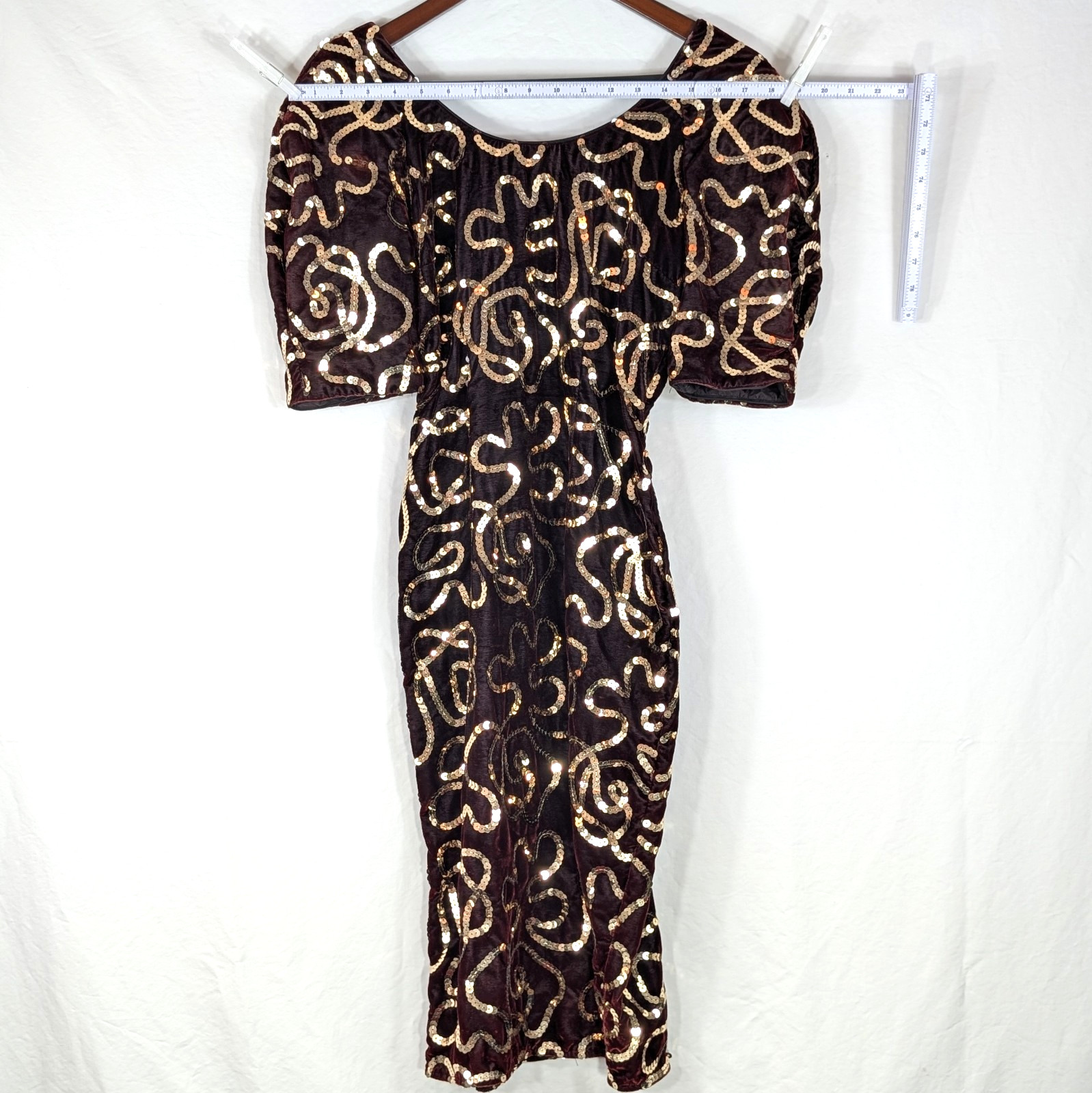 Vtg 80s Midnight Glo Burgundy Velvet Gold Sequin Dress Small Wine Party Cocktail