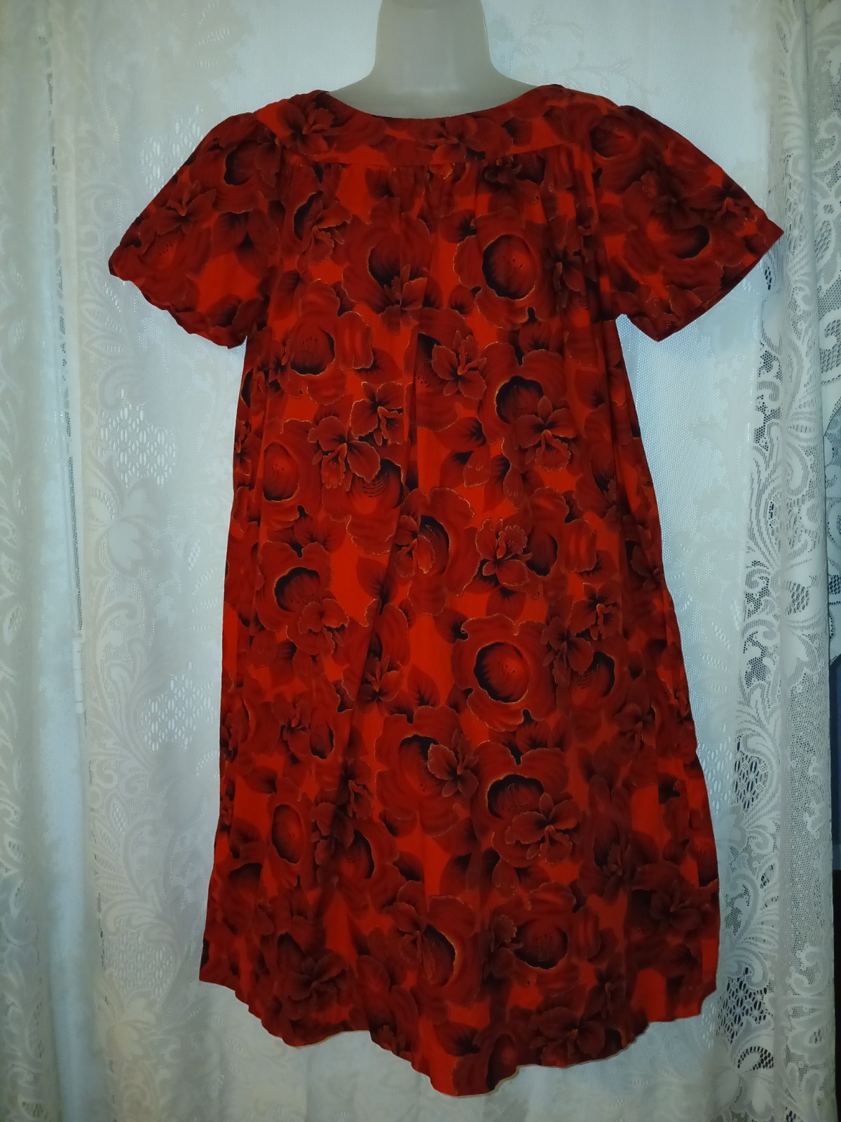 Vintage 70s Hawaiian Red Floral Cotton Muumuu Caftan Tiki Oasis Dress M/L