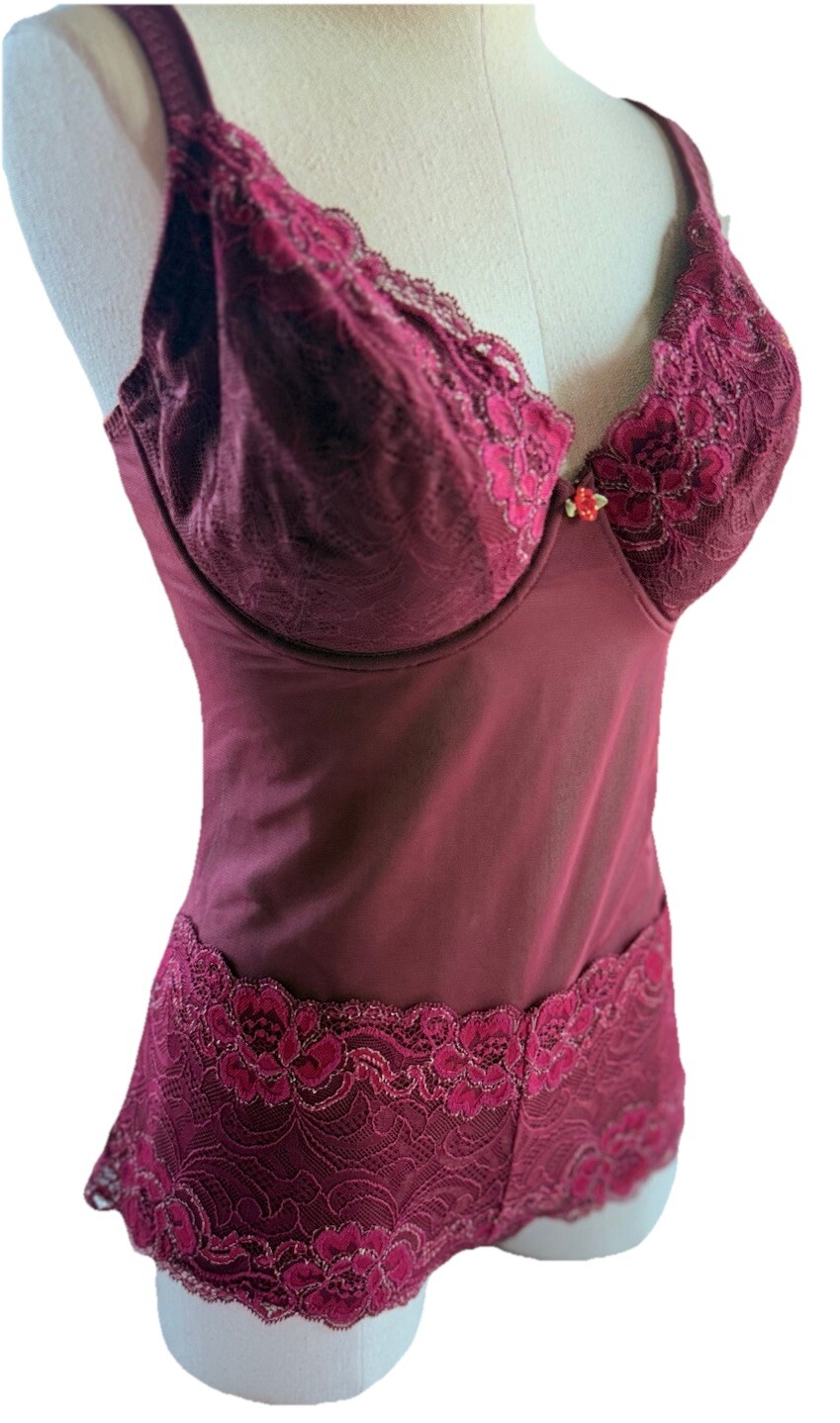 Vtg New Bodysuit Shaper Girdle Curvation Mesh Dramatic Plum Wine Red Lace 40D XL