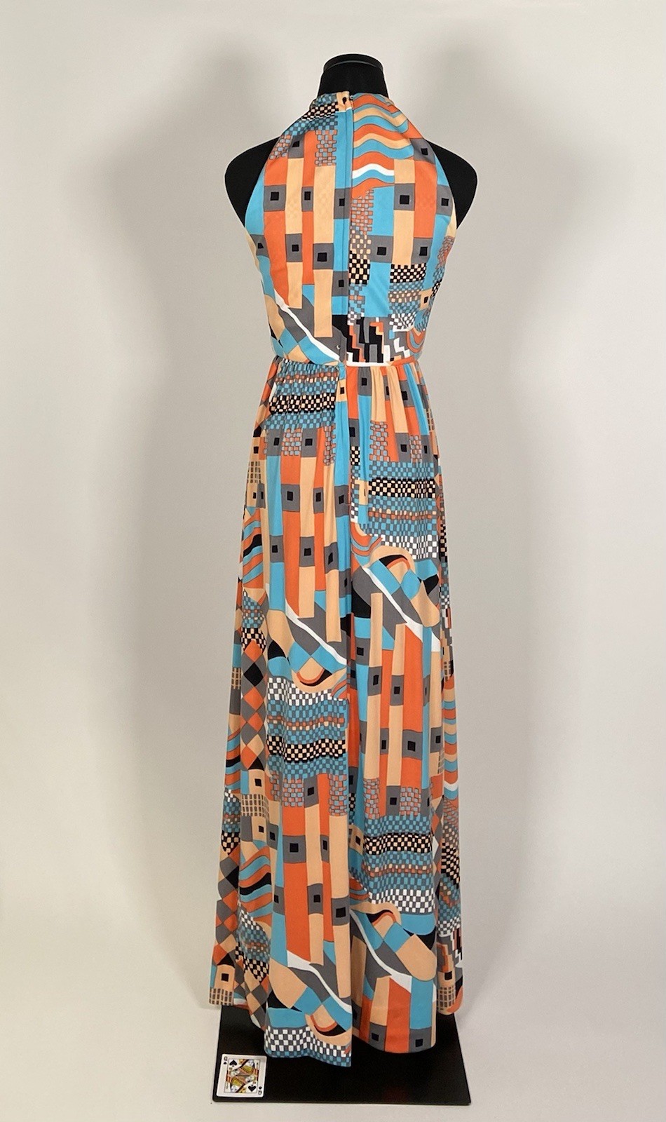033 1970s Halter dress set, jacket, orange op-art Pat Sandler size XS VG!