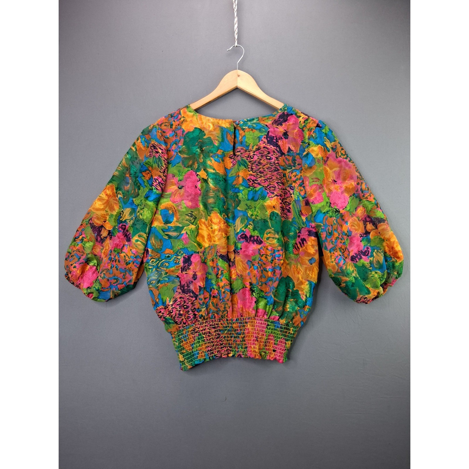Gump’s Vintage Blouse Abstract Floral Animal Print Smocked Waist XL Multi-Color