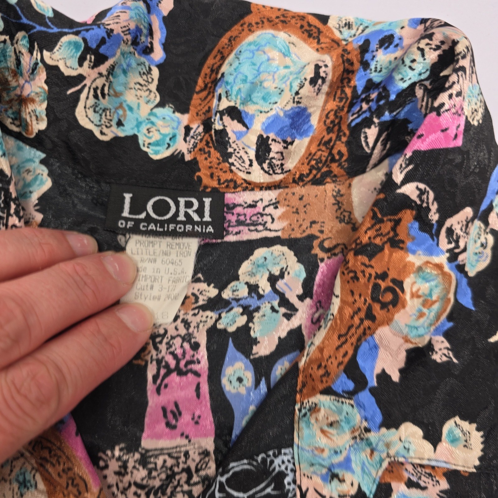 Lori of California Vintage 90s Baroque Floral Button Down Shirt Black Pink Blue
