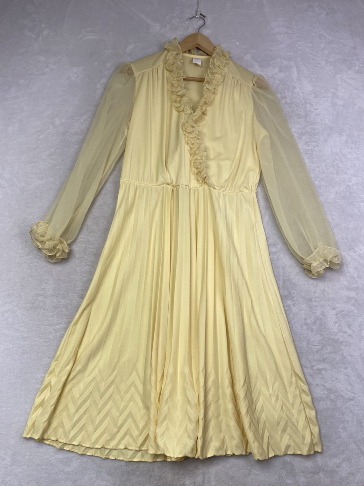 True Vintage 70s Yellow Chiffon Pleated Dress Ruffle Trim Sheer Sleeves USA Made