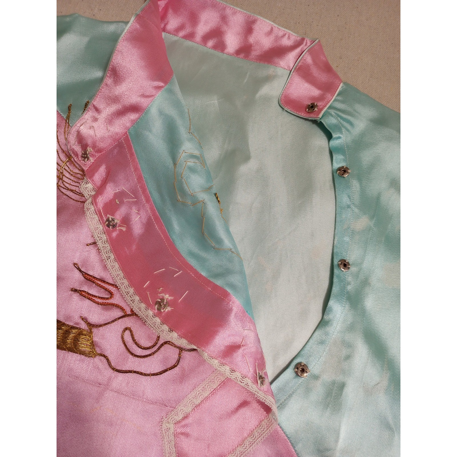 Vintage Pink Aqua Satin Dragon Embroidered Blouse Mandarin Collar
