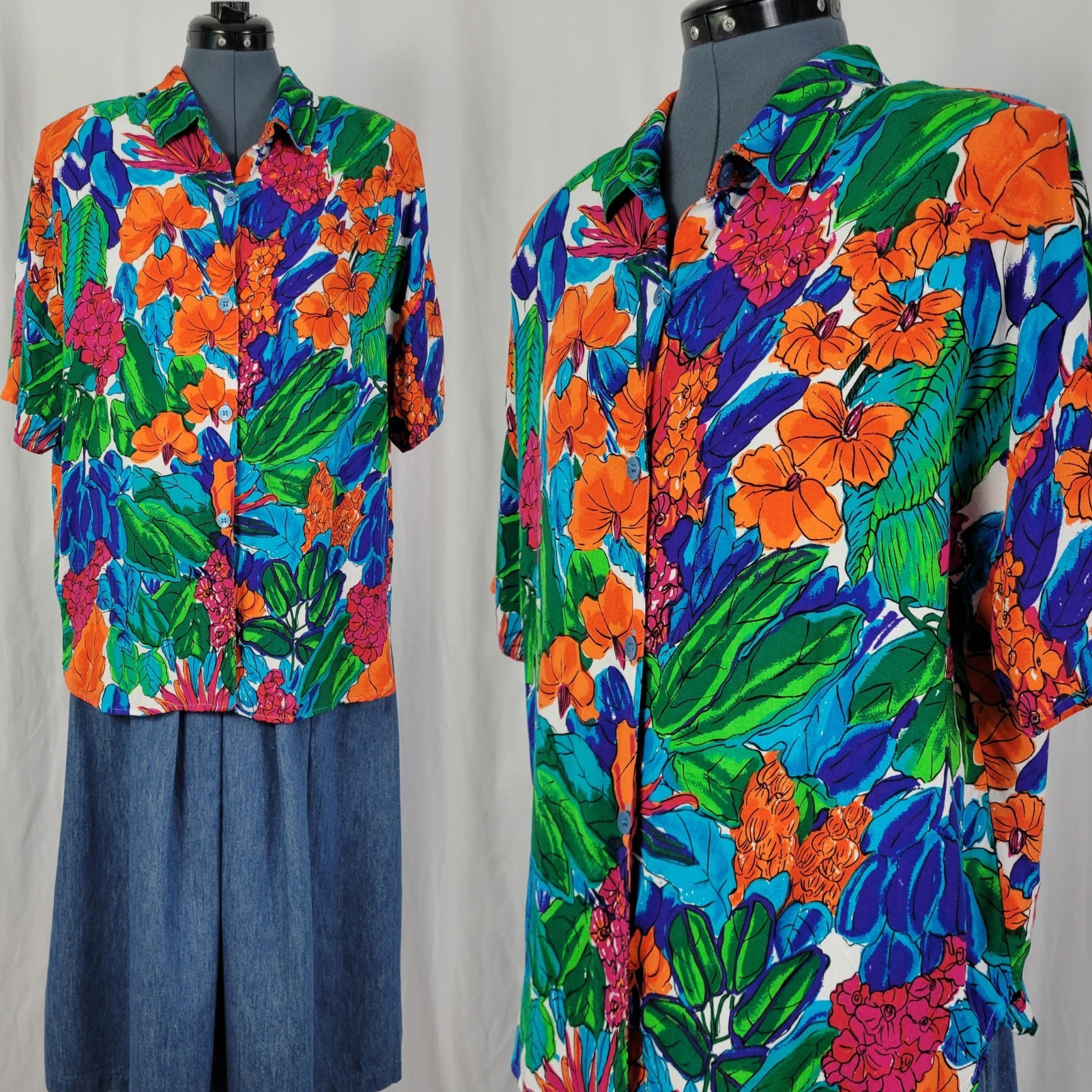 Vintage Index by Melrose Orange/Blue/Green Bright Tropical Floral Shirt Size L