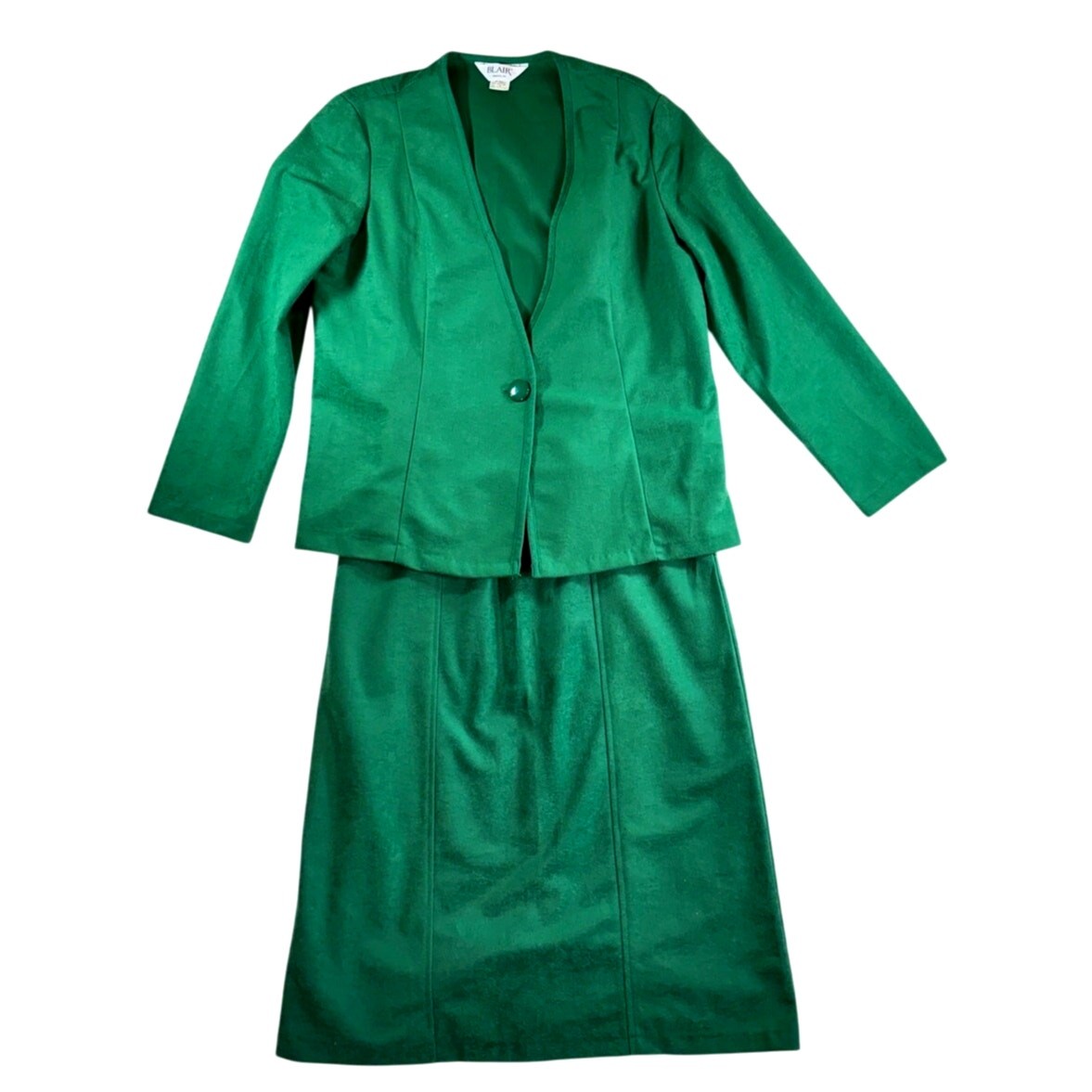 Vintage 70s 80s Blair Kelly Green Blazer Jacket Suit Skirt Shoulder Pads