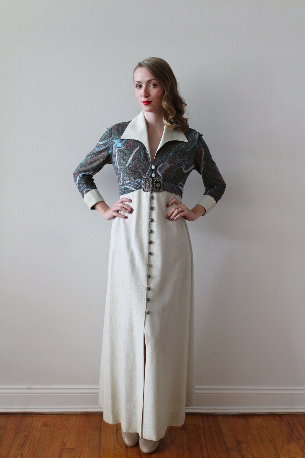 Retro MOD Maxi Dress 60- 70’s Sparkle Floor Length MCM Vintage S/M Blue White