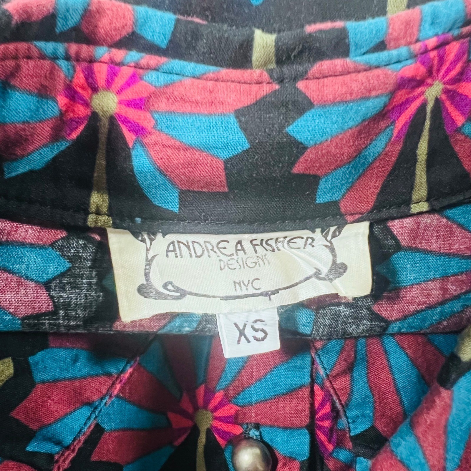 Vintage Andrea Fisher NYC Blouse XS Floral Geometric Button Front