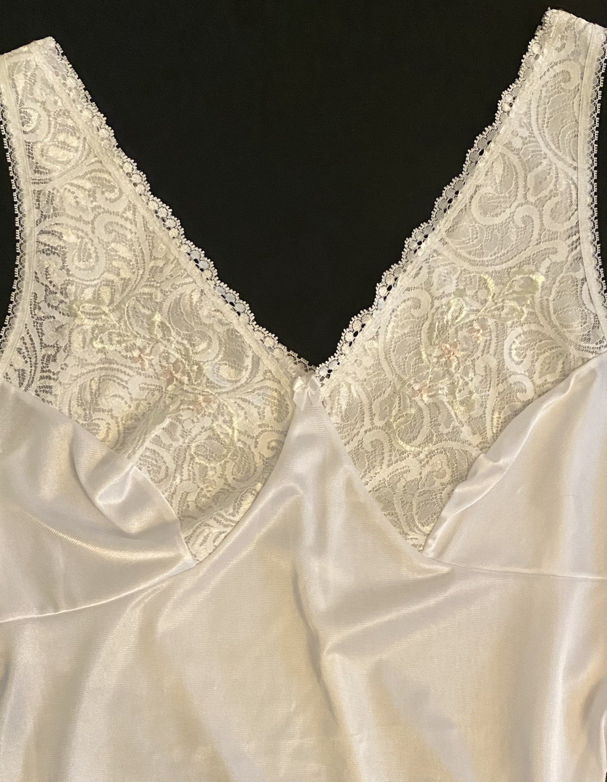 Vintage Silky White Satin Nylon and Lace Bust Full Slip Lingerie Size 38 V-Neck