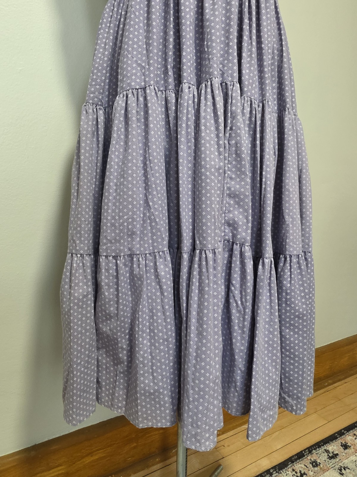 1970s Vintage Prairie Halter Dress Lace Up Chest Midi Blue Lilac Crotchet Trim M