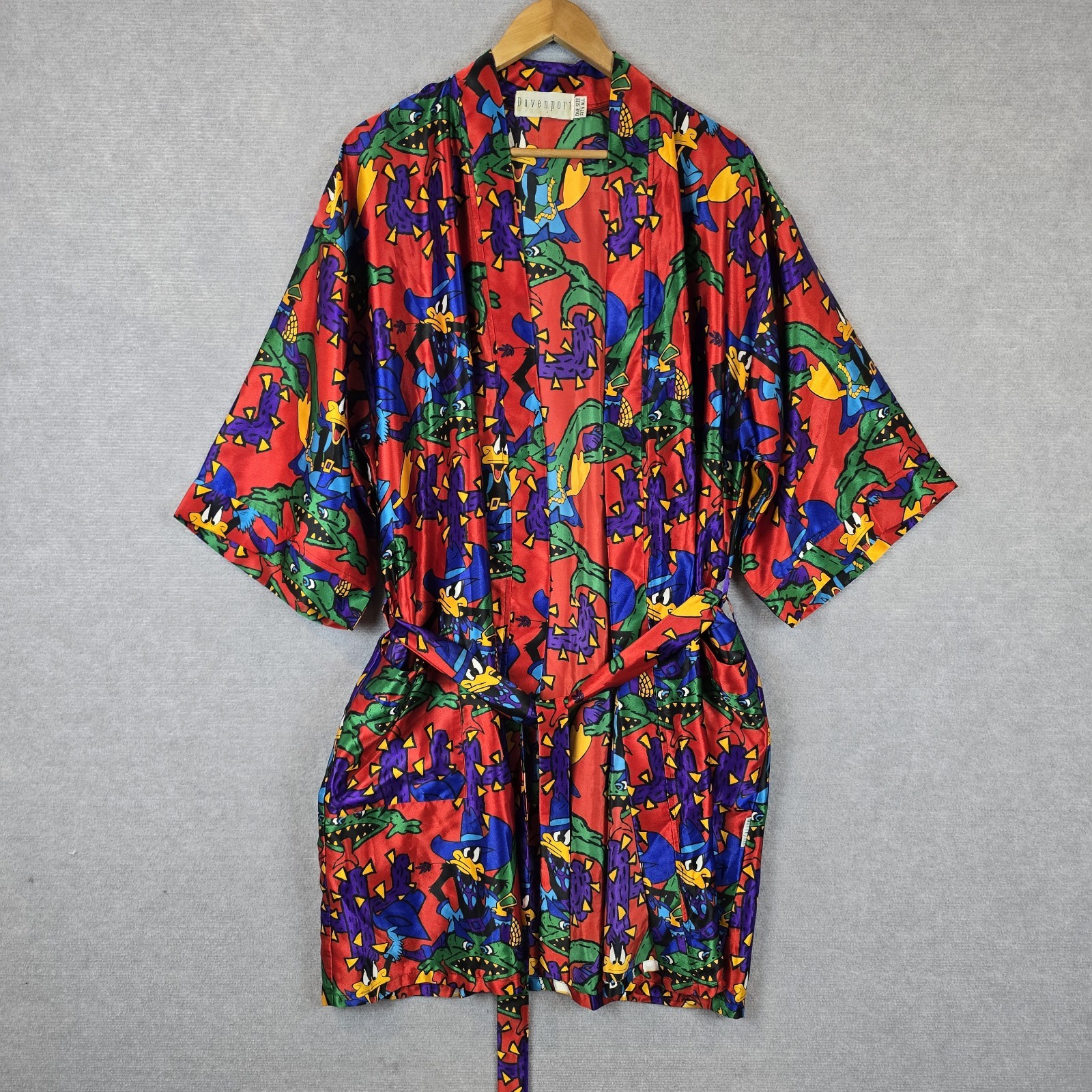 Vintage 90s Davenport Satin Robe Dressing Gown Looney Tunes Red Daffy Duck 1993
