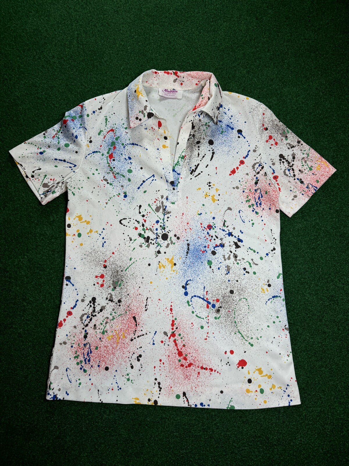 Vintage 80s Paint Splatter Aladdin Women’s Small Short Sleeve Shirt
