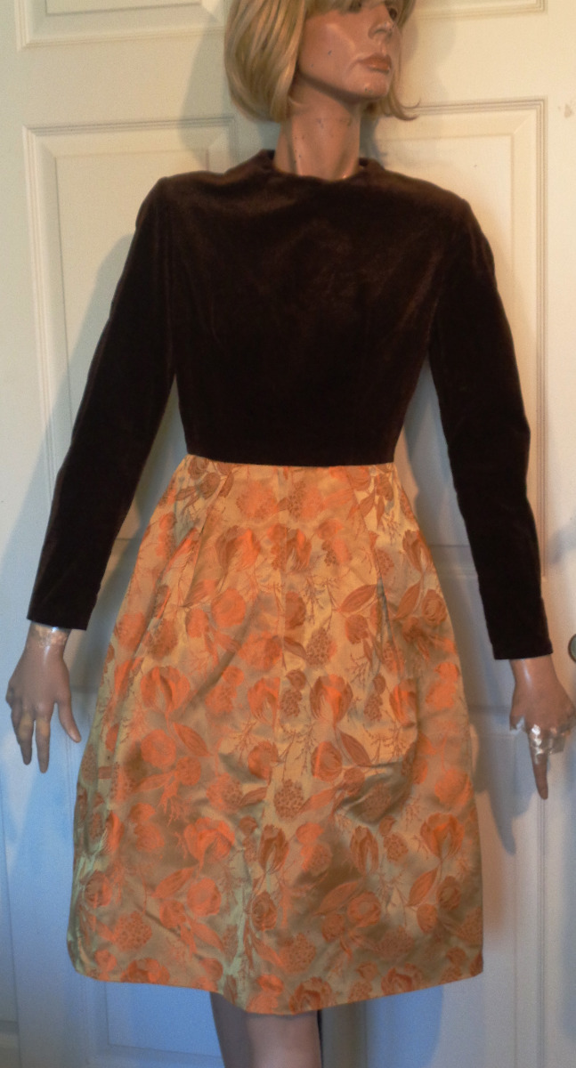 Vintage 60s Brown Velvet Gold & Orange Brocade Party Dress B34
