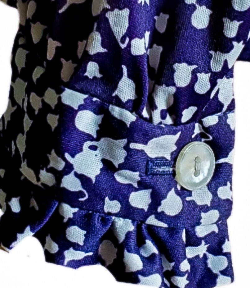 VTG 70s Jersey Blouse Dark Indigo Blue w Pussy Bow, Lady of the Valley Pattern S