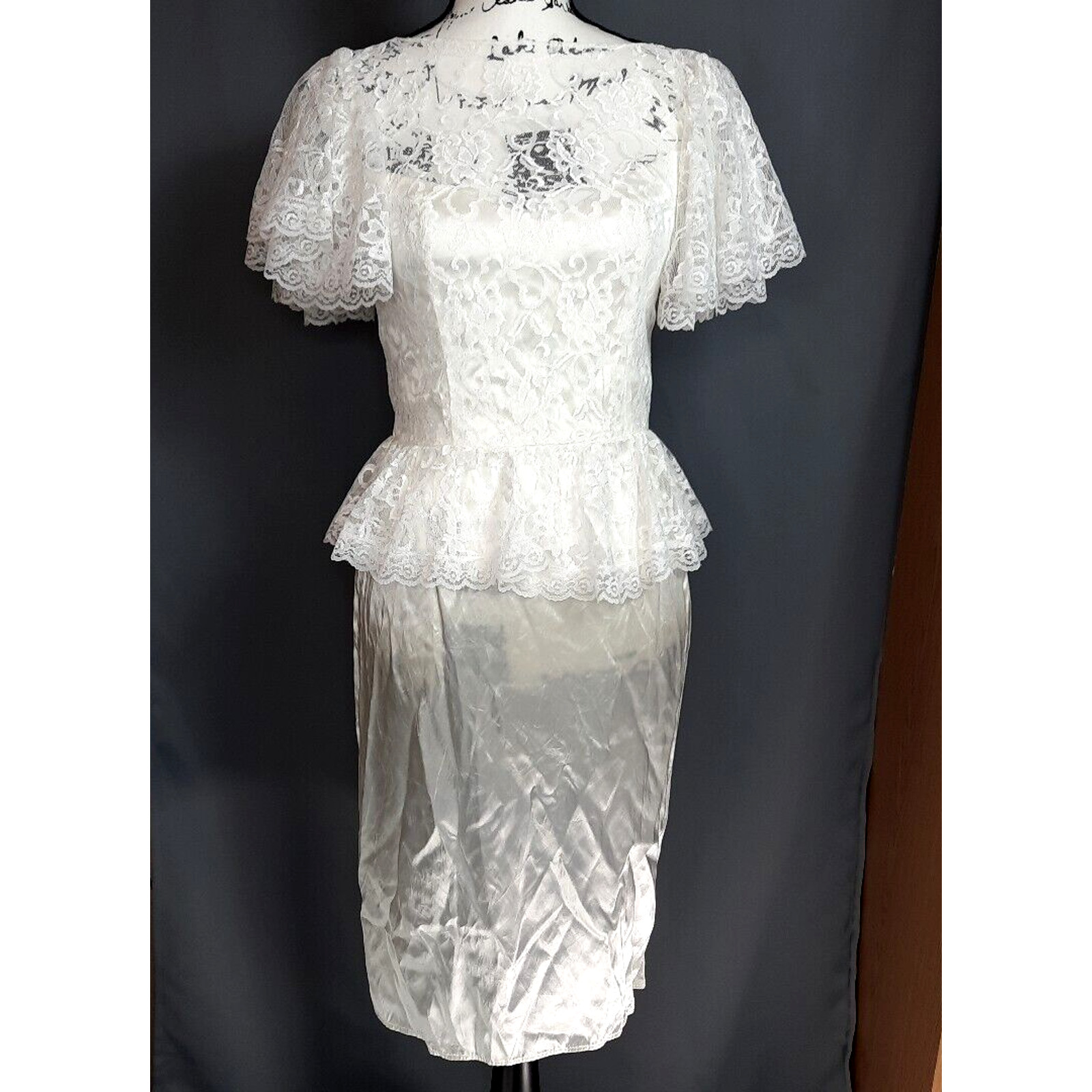 Vtg Diamonds Run Lace Puff Sleeve Peplum Satin Midi Dress Size 8 White Coquette
