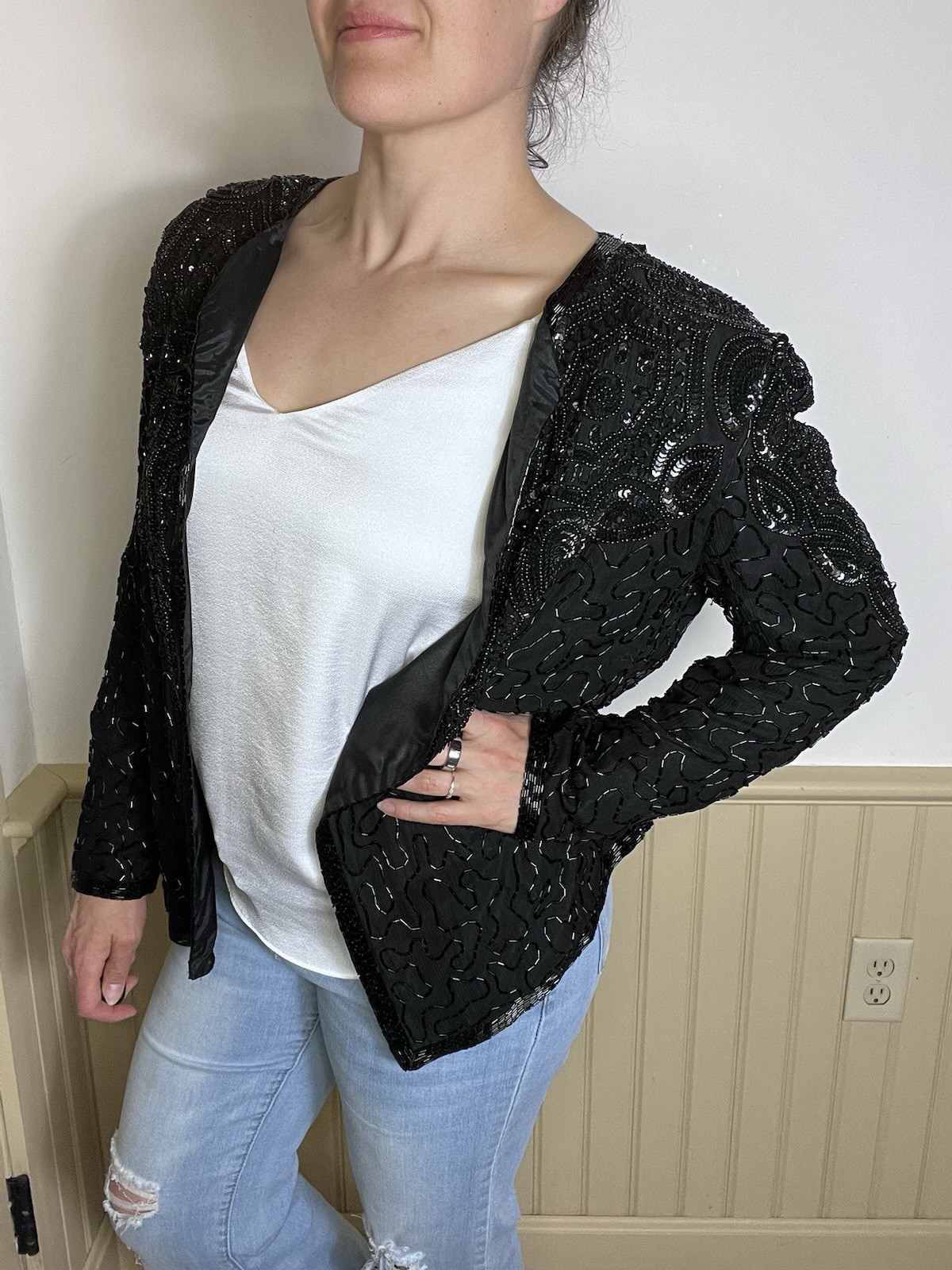 Vintage Adrianna Papell Evening L Black Silk Beaded Jacket Sequins Wedding Party