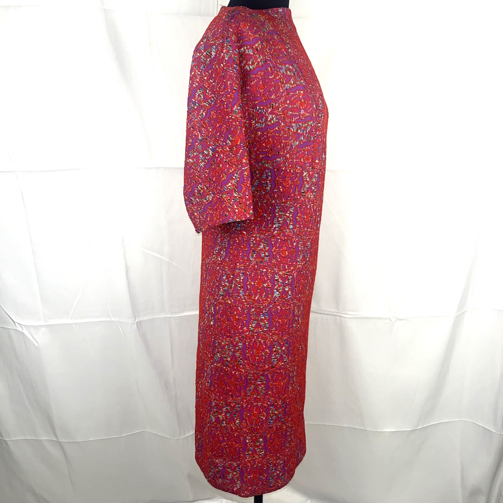 VTG 1960s Mod Dress Handmade Red Purple Abstract Retro Short Sleeve Midi Length