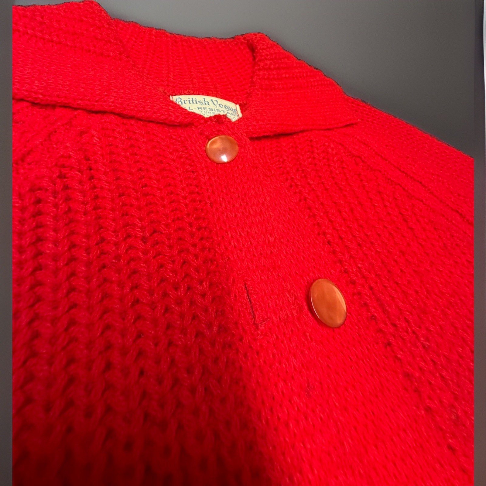 ⁠Vtg 60s 70s British Vogue Red Chunky Knit Cardigan Sweater Turbo Orlon Acrylic