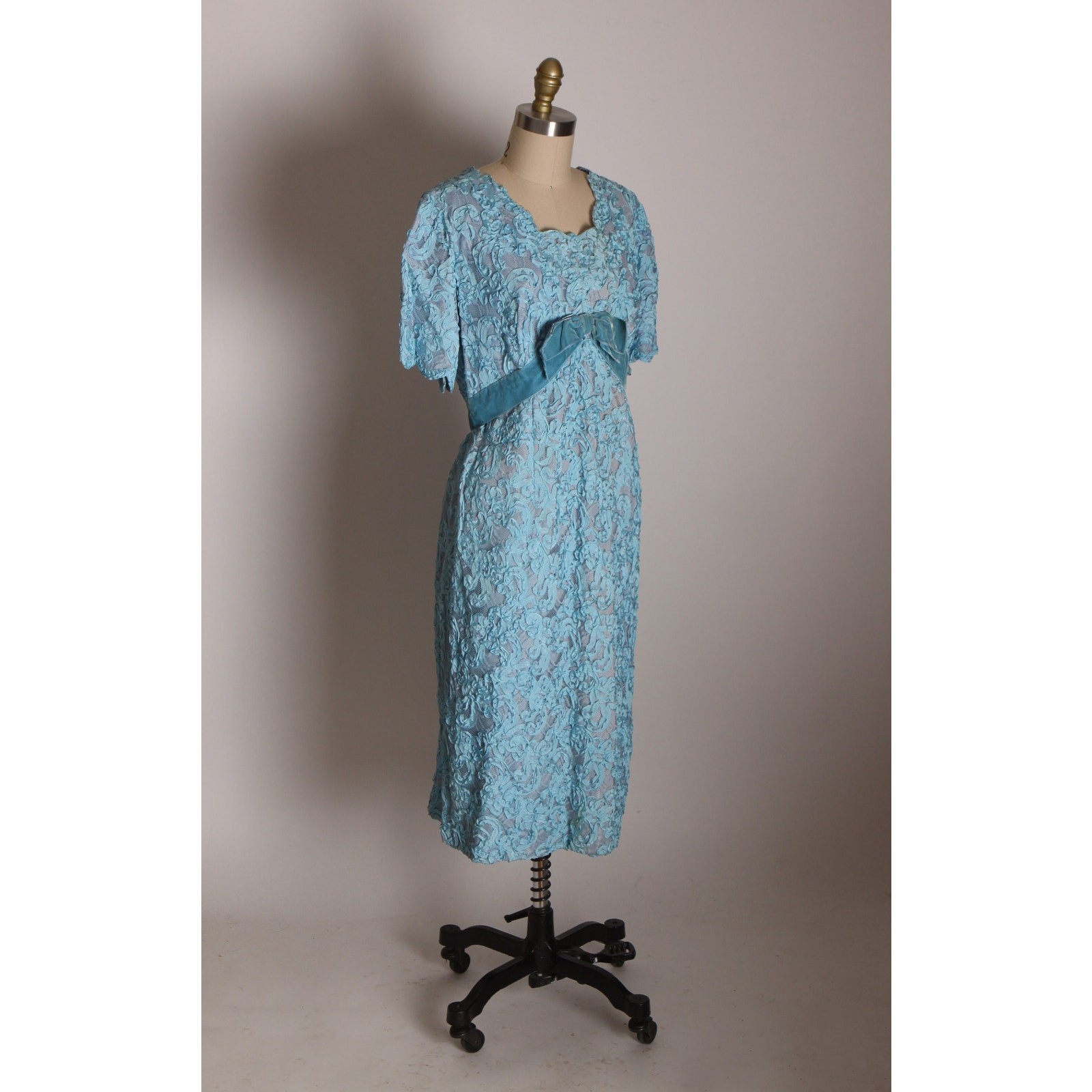 Early 1960s Blue Soutache Lace Formal Blue Velvet Bow Dress with Matching Jacket