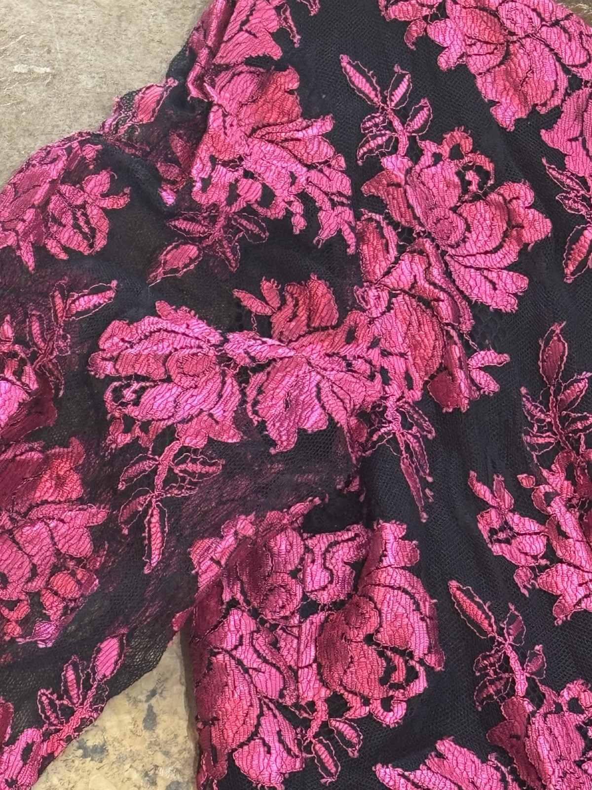 VTG Jill Richards French Lace Gown Dress Pink Midi Black 80s Ruched Size 6 8