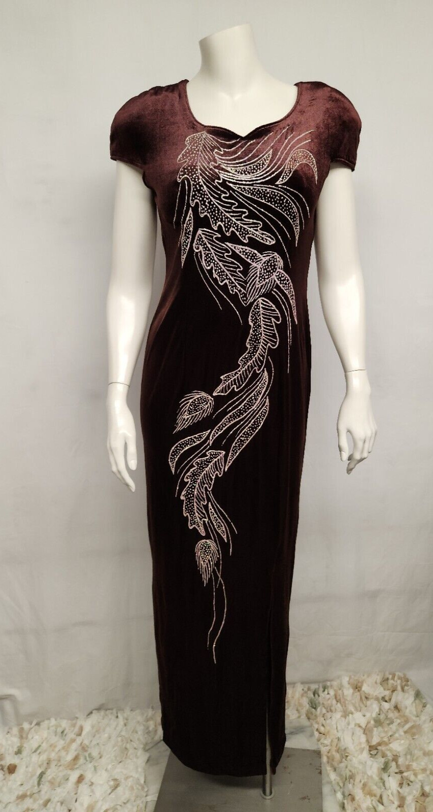 Vintage 90’s Beautiful Brown Velvet Silver Glitter Leaf Design Long Maxi Dress