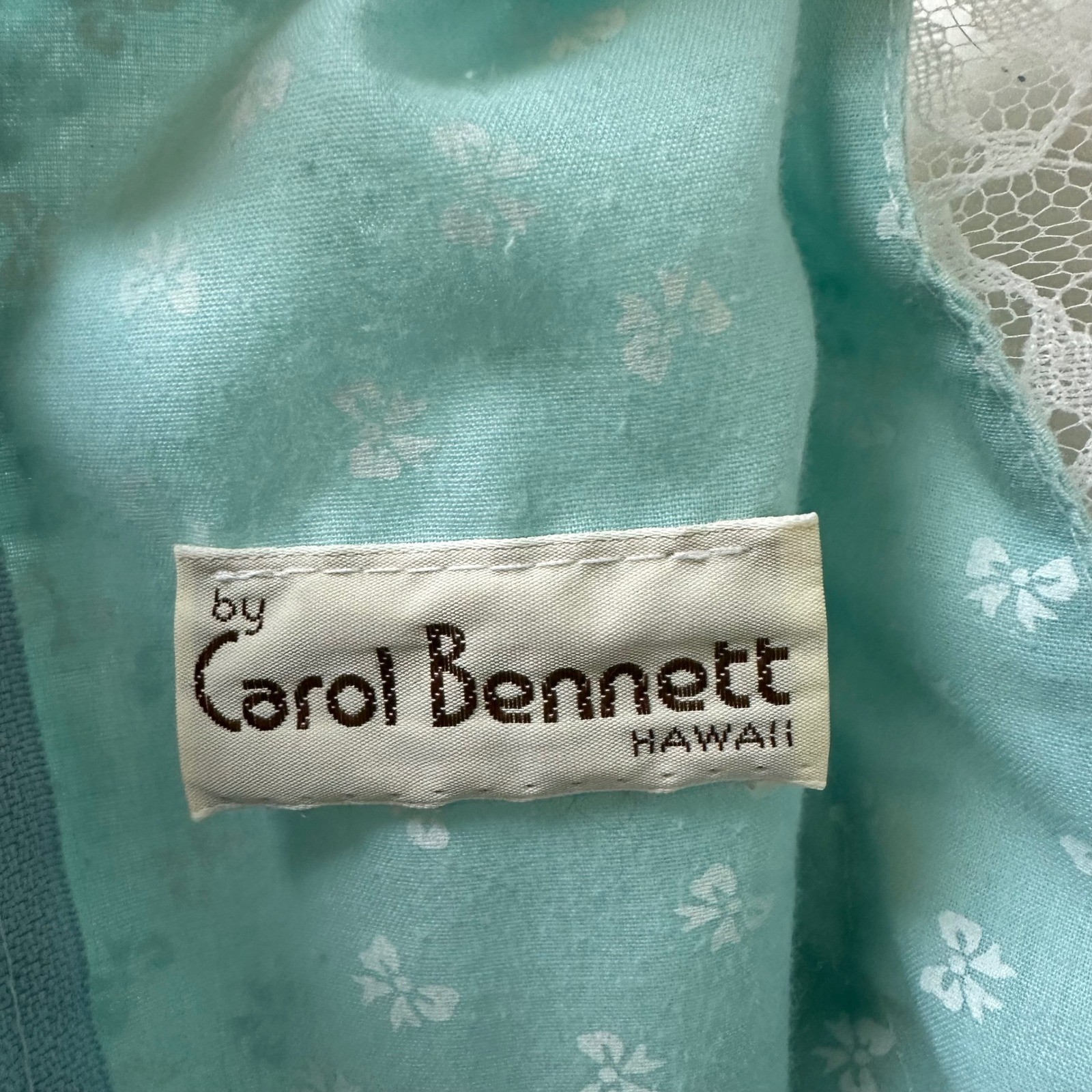 Carol Bennett Hawaii Vintage Blue Bow Print Lace Ruffle Maxi Dress 70s Prairie