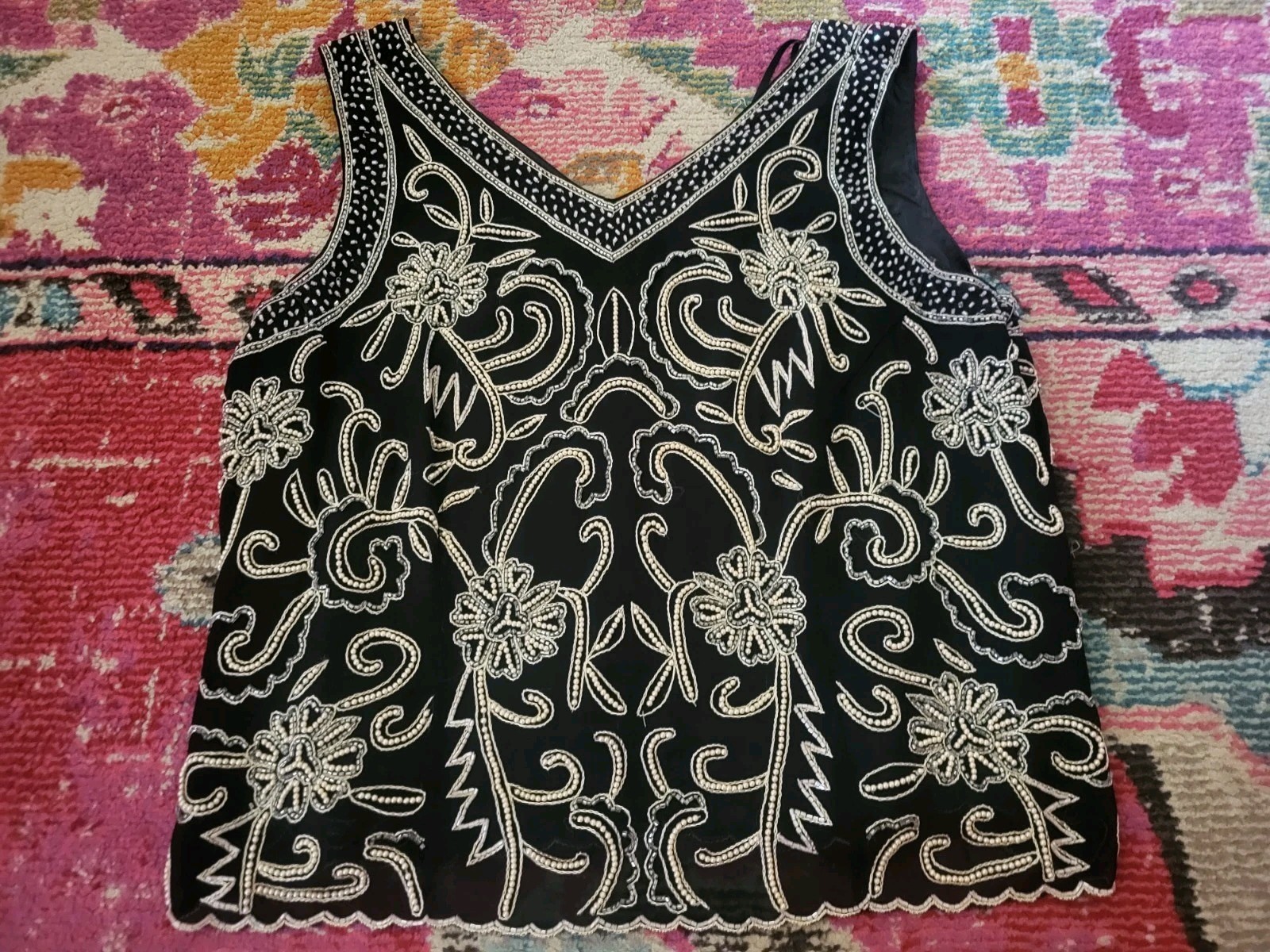 Midnight Velvet vintage beaded & floral black sleeveless top blouse womens XL