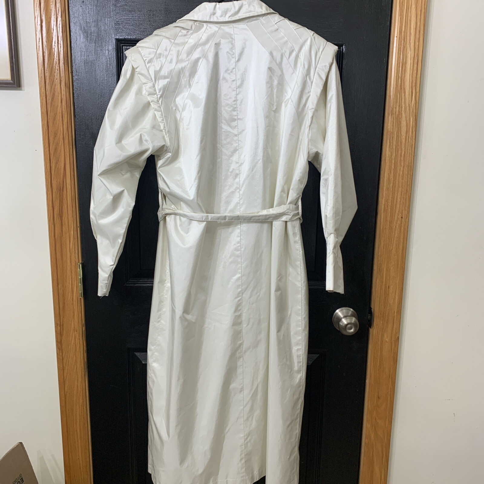 80s 90s Vintage Womens Sz M Belted Trench Rain Coat Shiny Pearl White Unique